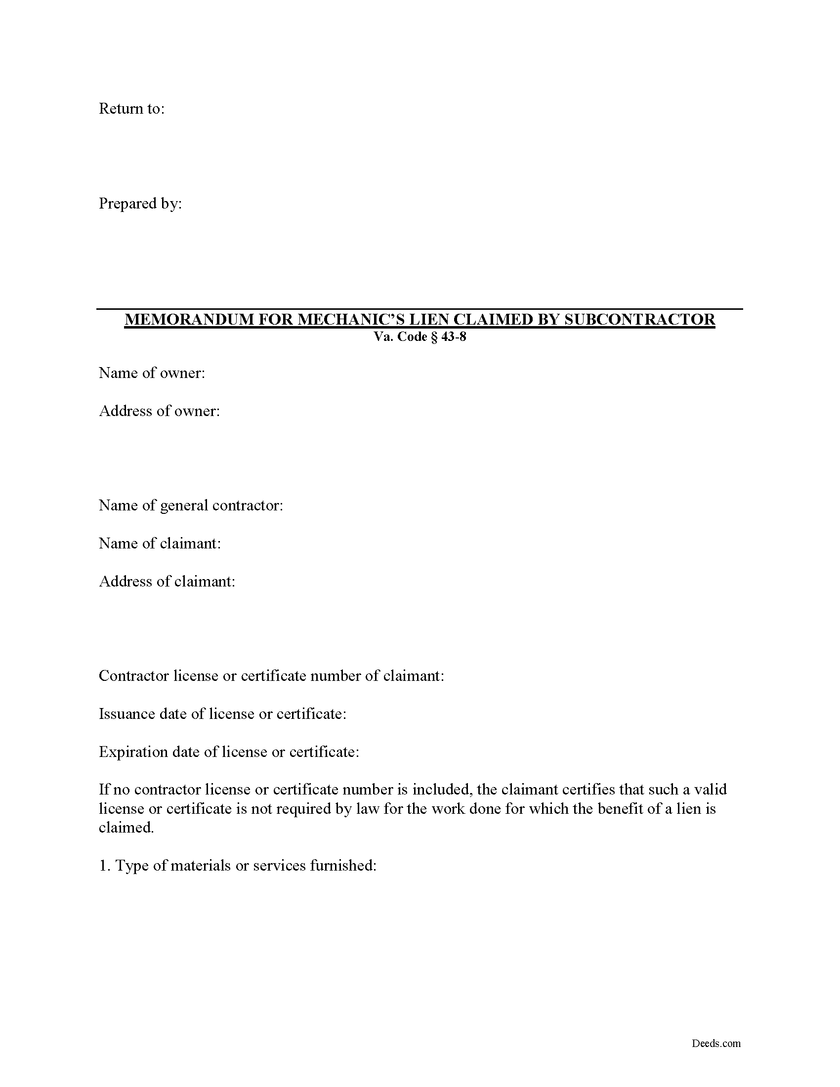 Caroline County Subcontractor Memorandum for Mechanics Lien Form