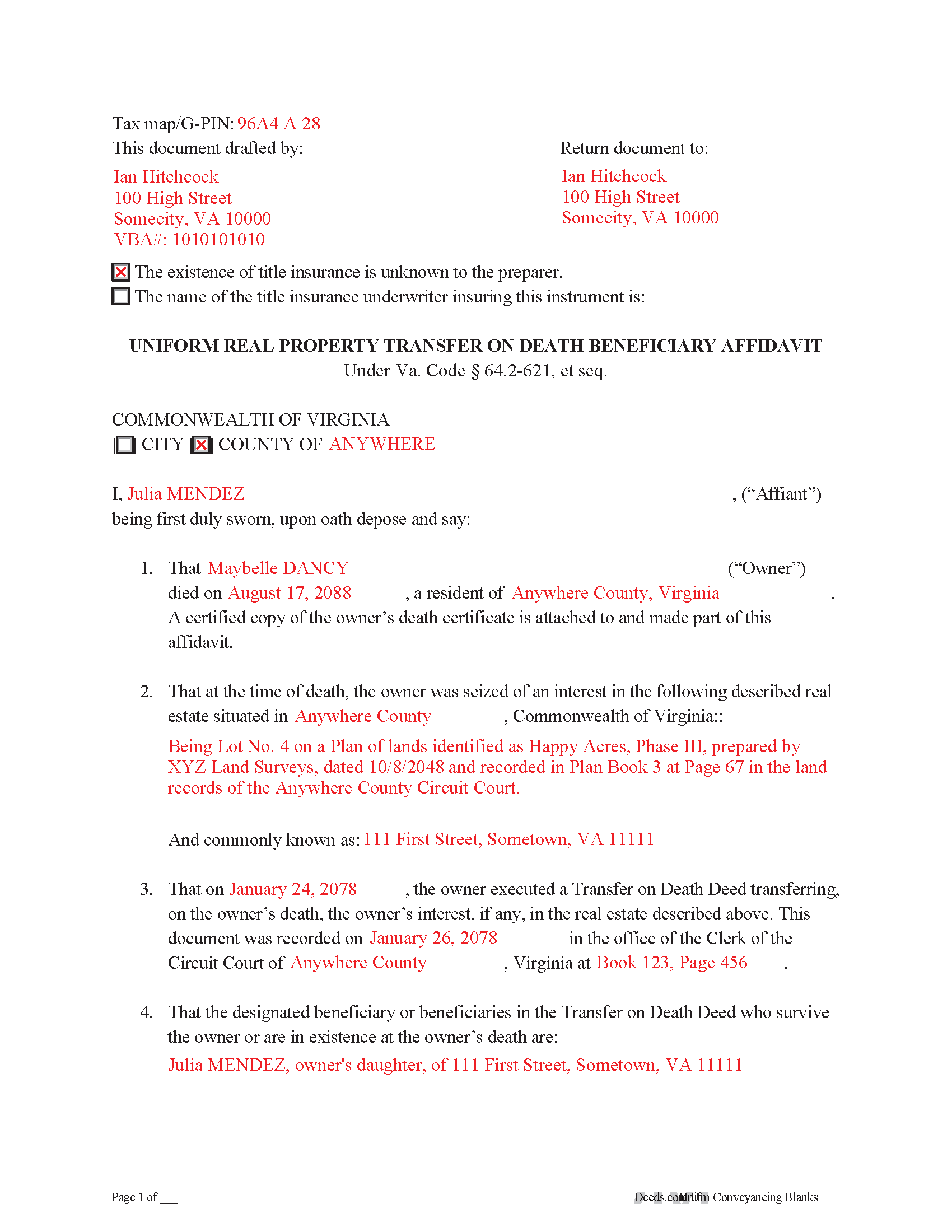 Completed Example of the Transfer on Death Deed Beneficary Affidavit Document