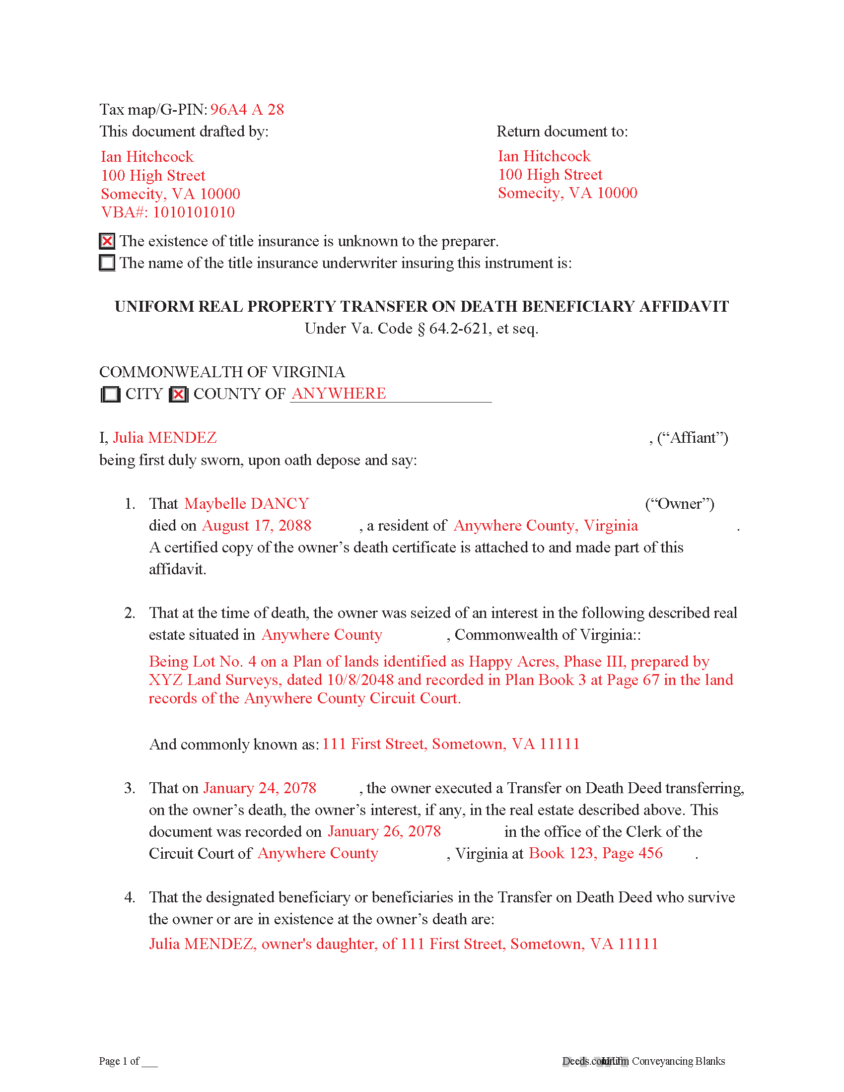 Isle Of Wight County Completed Example of the Transfer on Death Deed Beneficary Affidavit Document