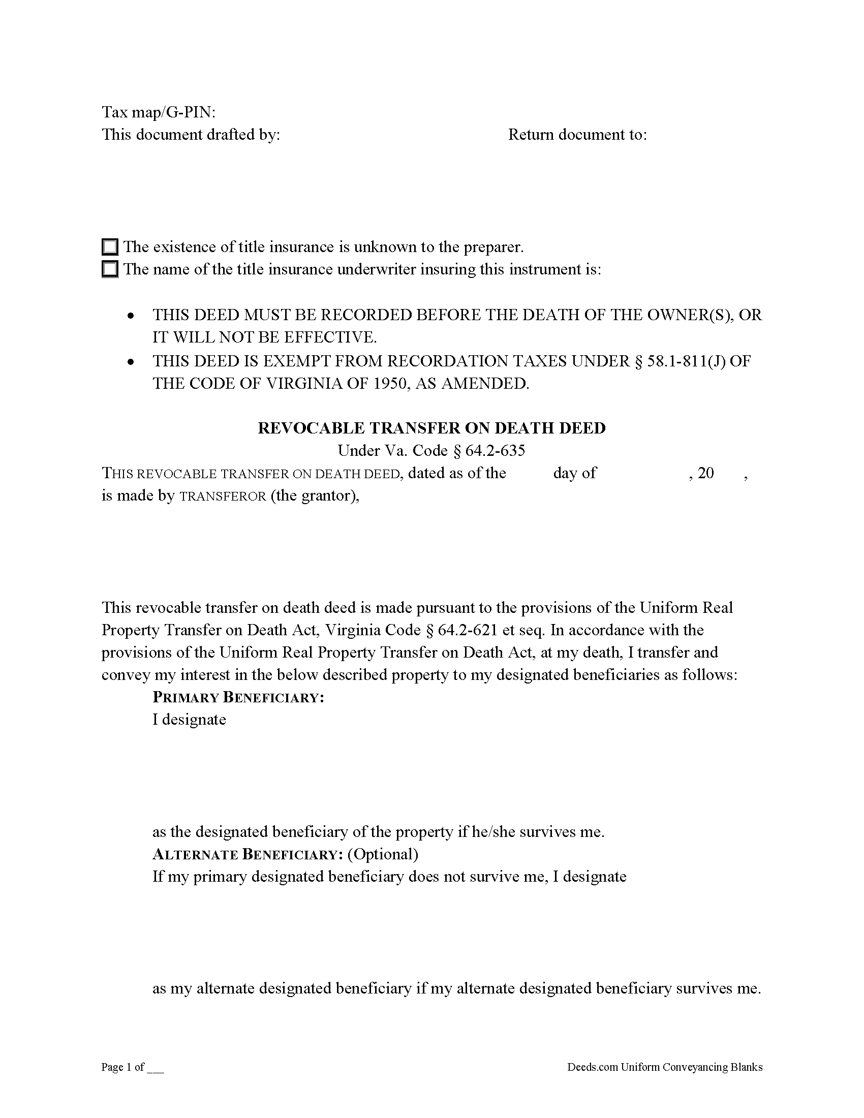 Isle Of Wight County Transfer on Death Deed Form