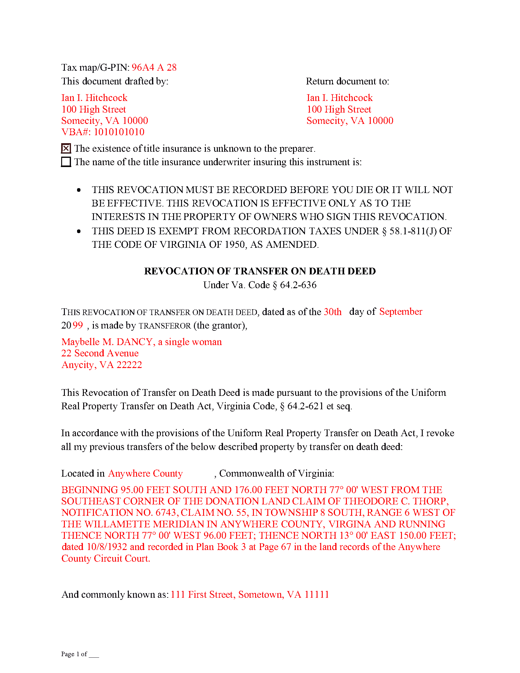 Isle Of Wight County Completed Example of the Transfer on Death Revocation Document