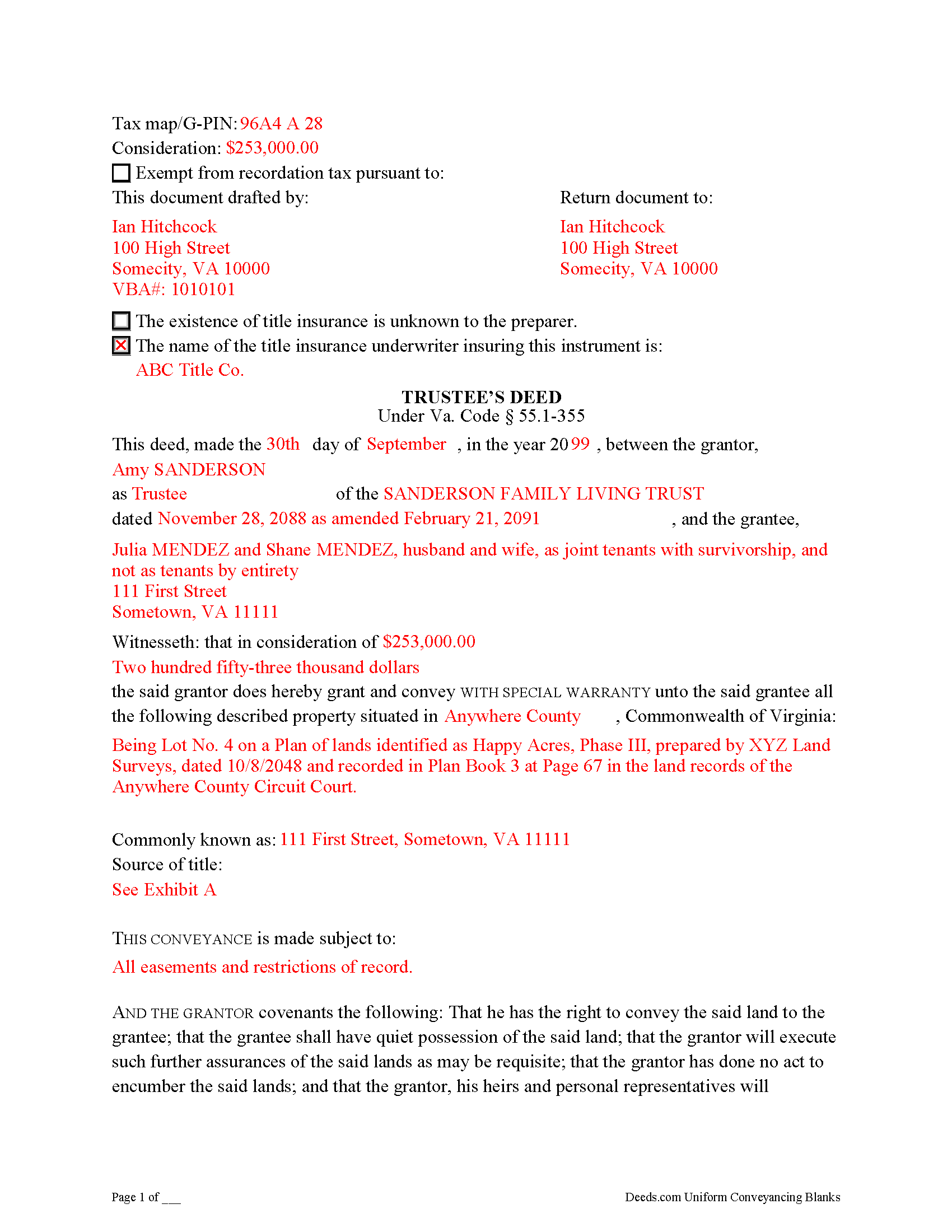 Isle Of Wight County Completed Example of the Trustee Deed Document