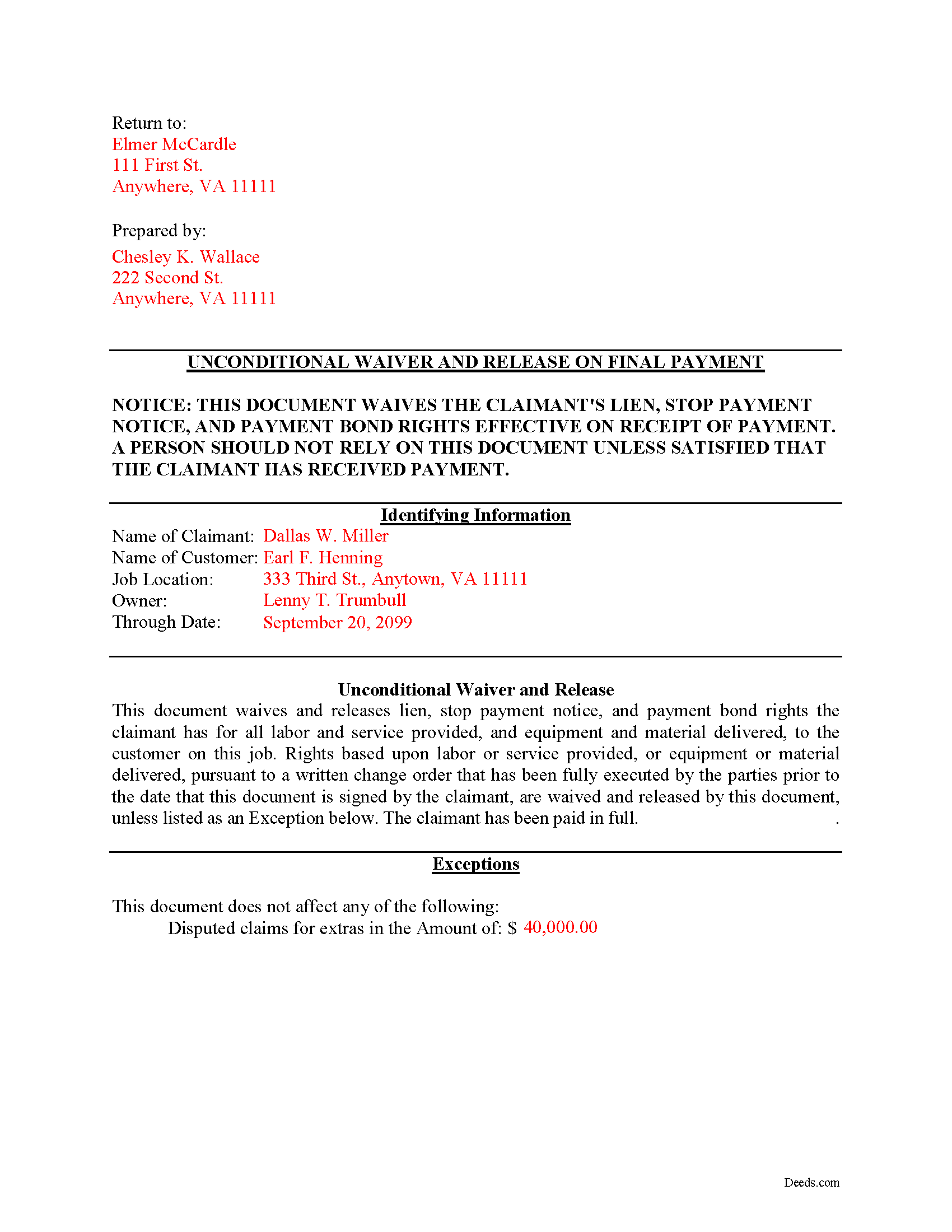 Completed Example of the Unconditional Lien Waiver on Final Payment Document