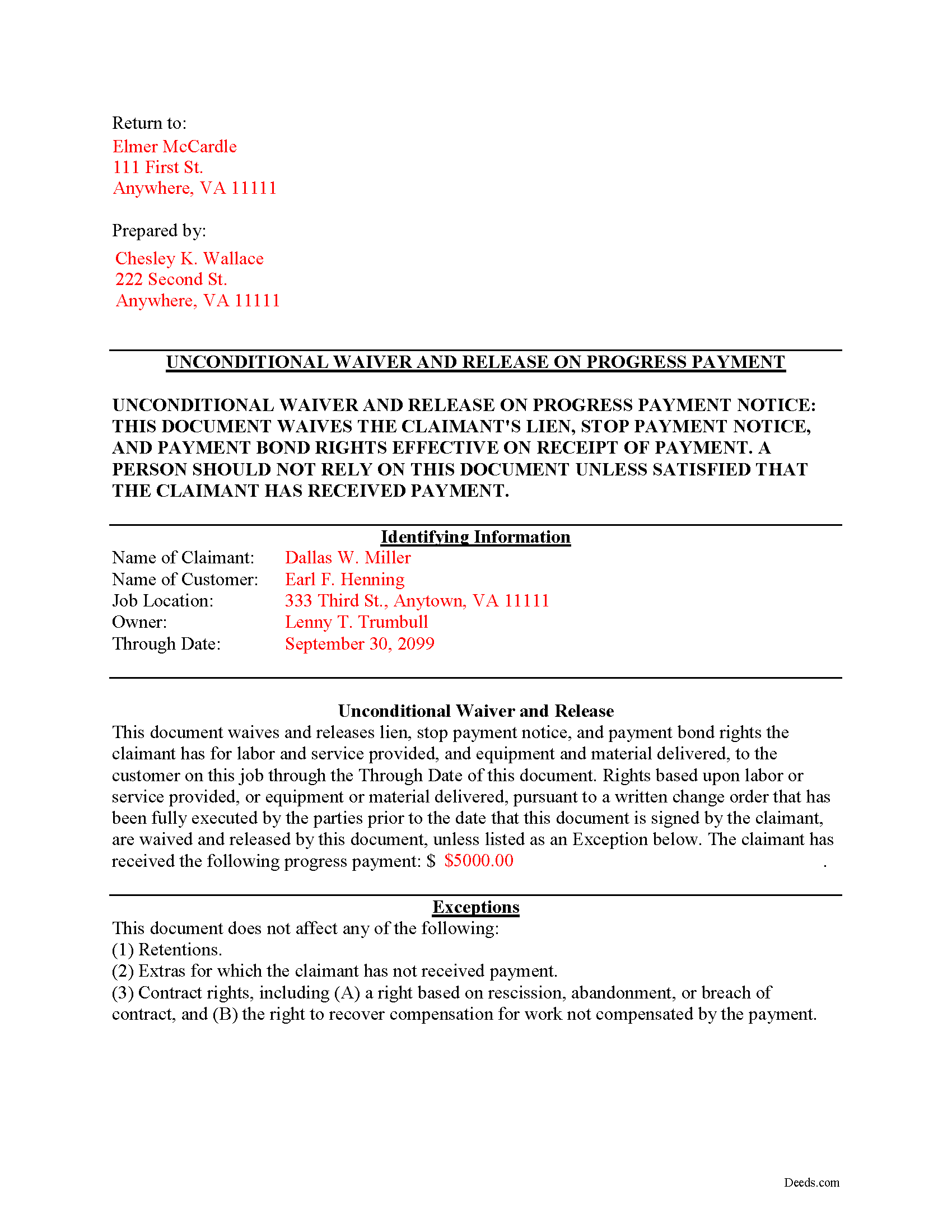 Completed Example of the Unconditional Lien Waiver on Partial Payment Document