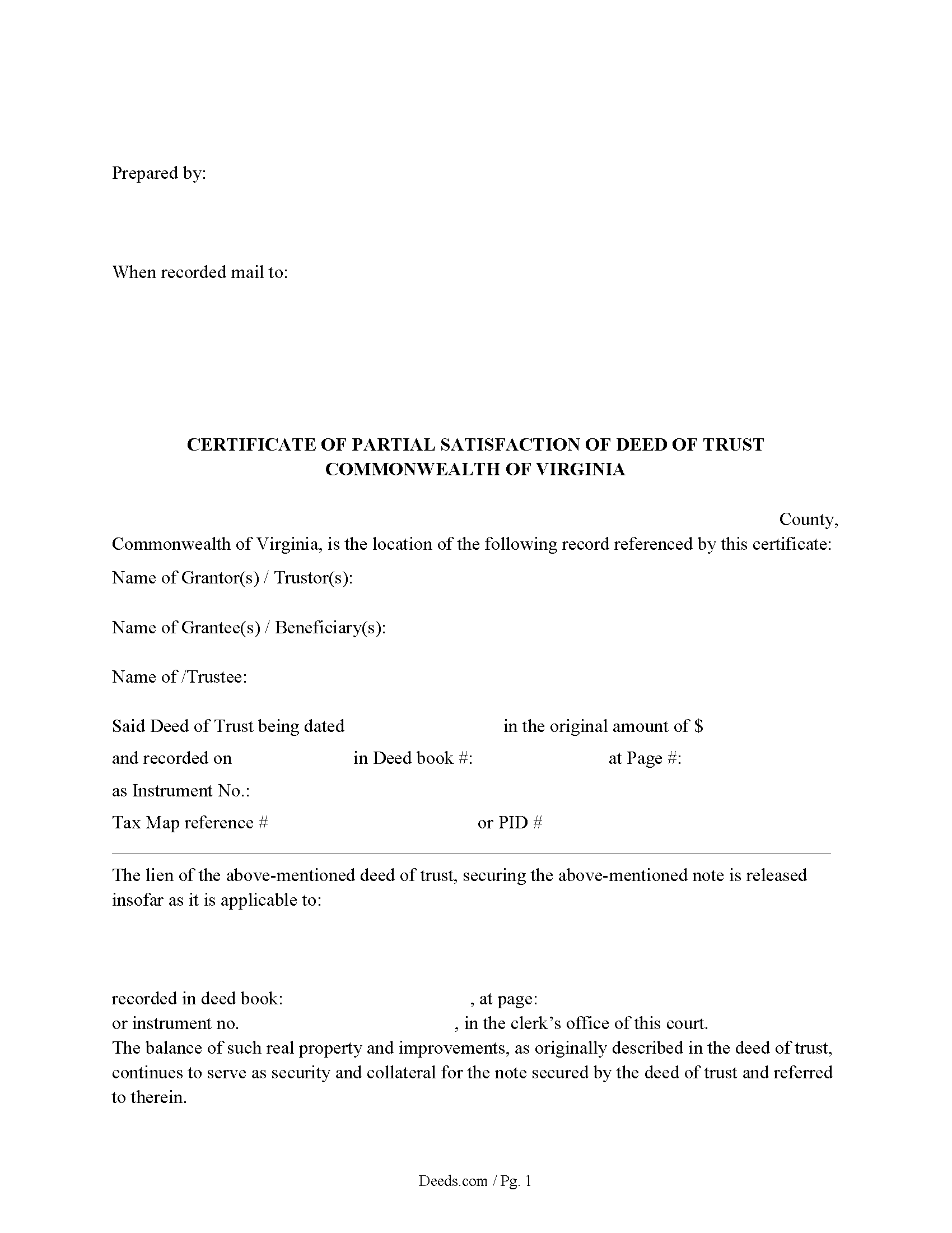 Virginia Certificate of Partial Satisfaction of Deed of Trust Image