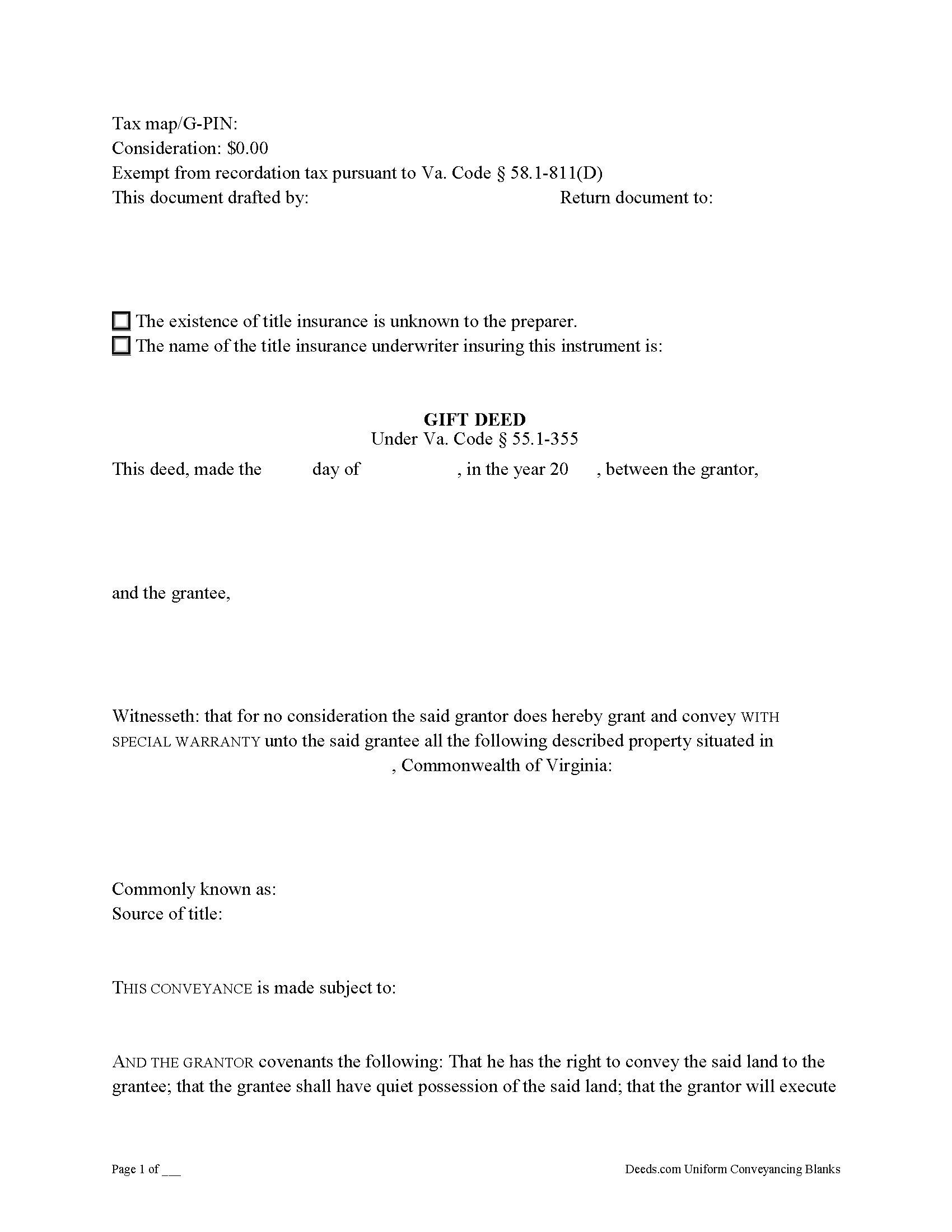 Virginia Gift Deed Special Warranty Image