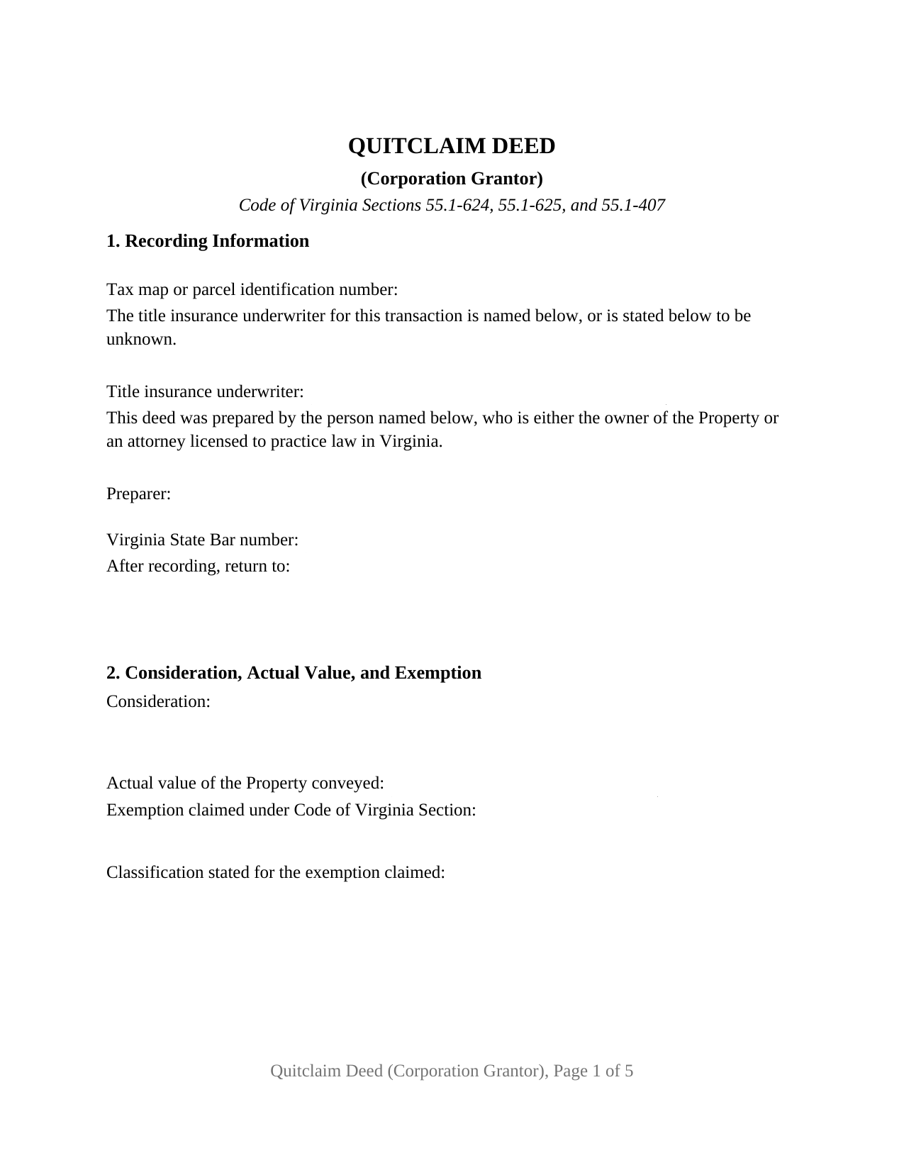Virginia Quitclaim Deed (Corporation Grantor)