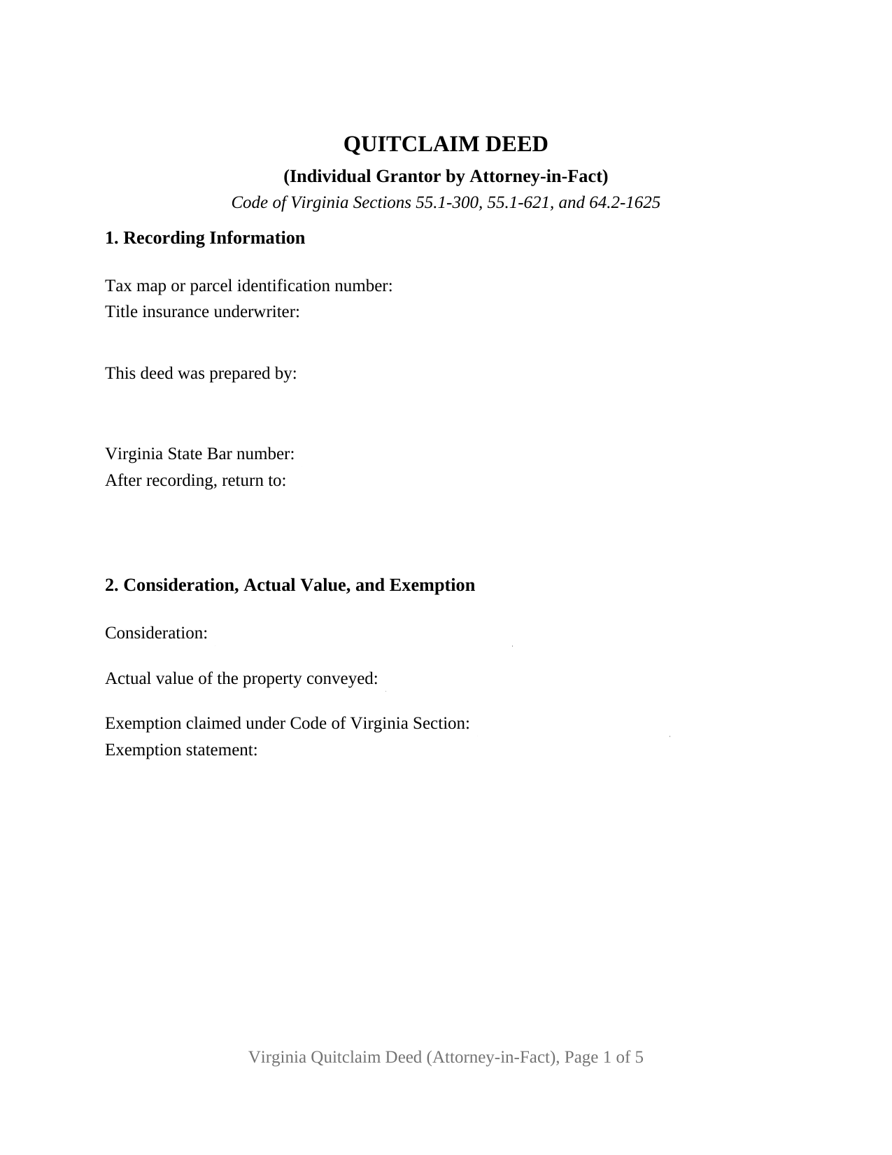 Virginia Quitclaim Deed (Individual Grantor by Attorney-in-Fact)