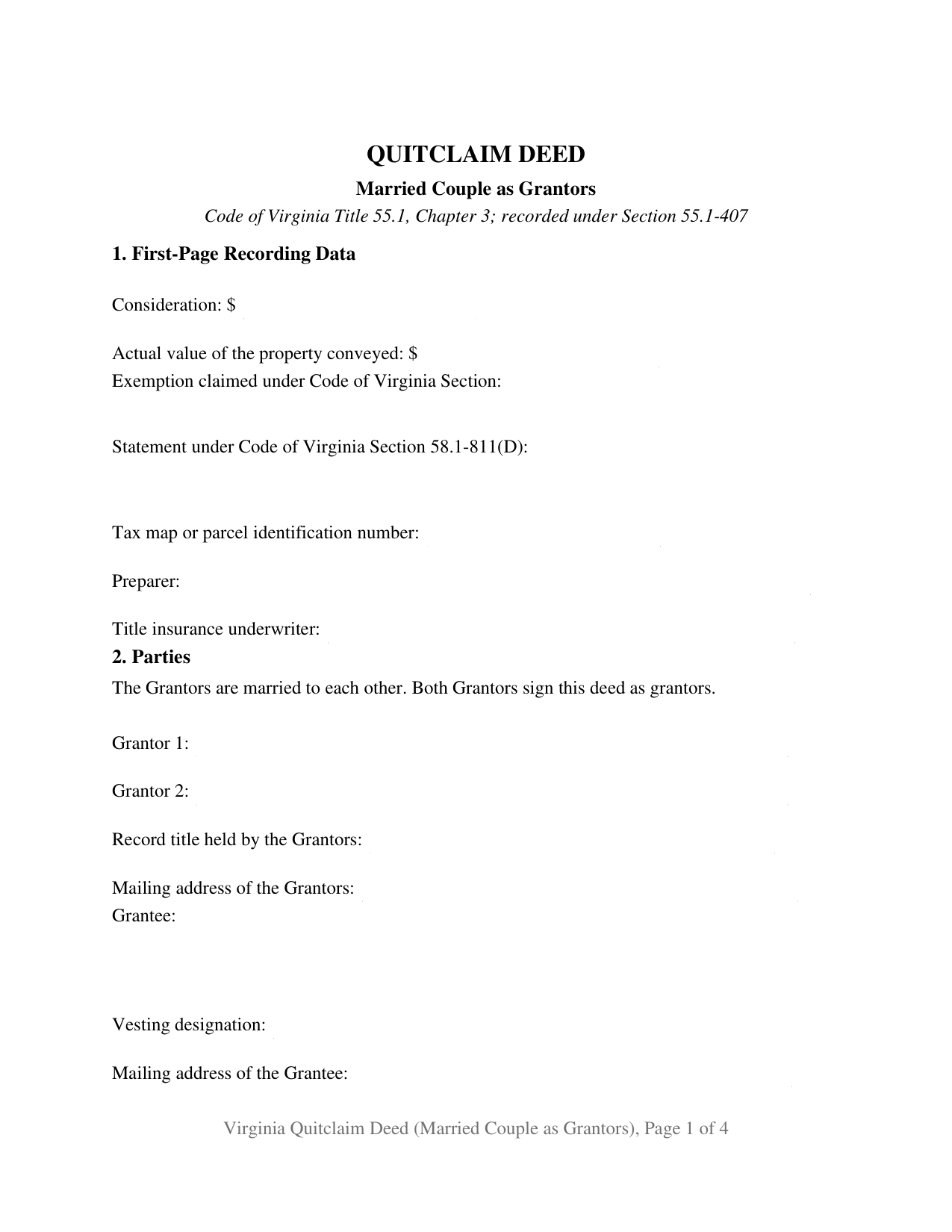 Virginia Quitclaim Deed (Married Couple as Grantors)
