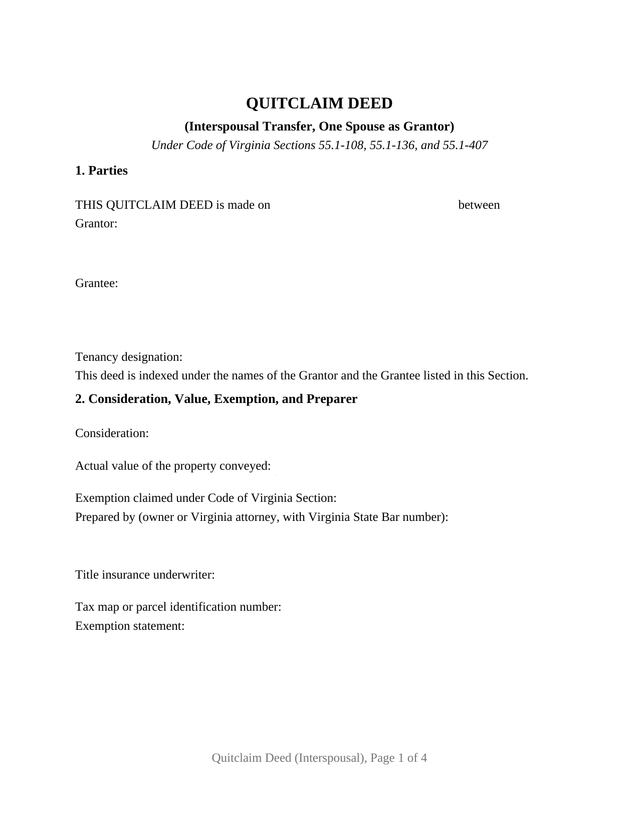 Virginia Quitclaim Deed (Interspousal)