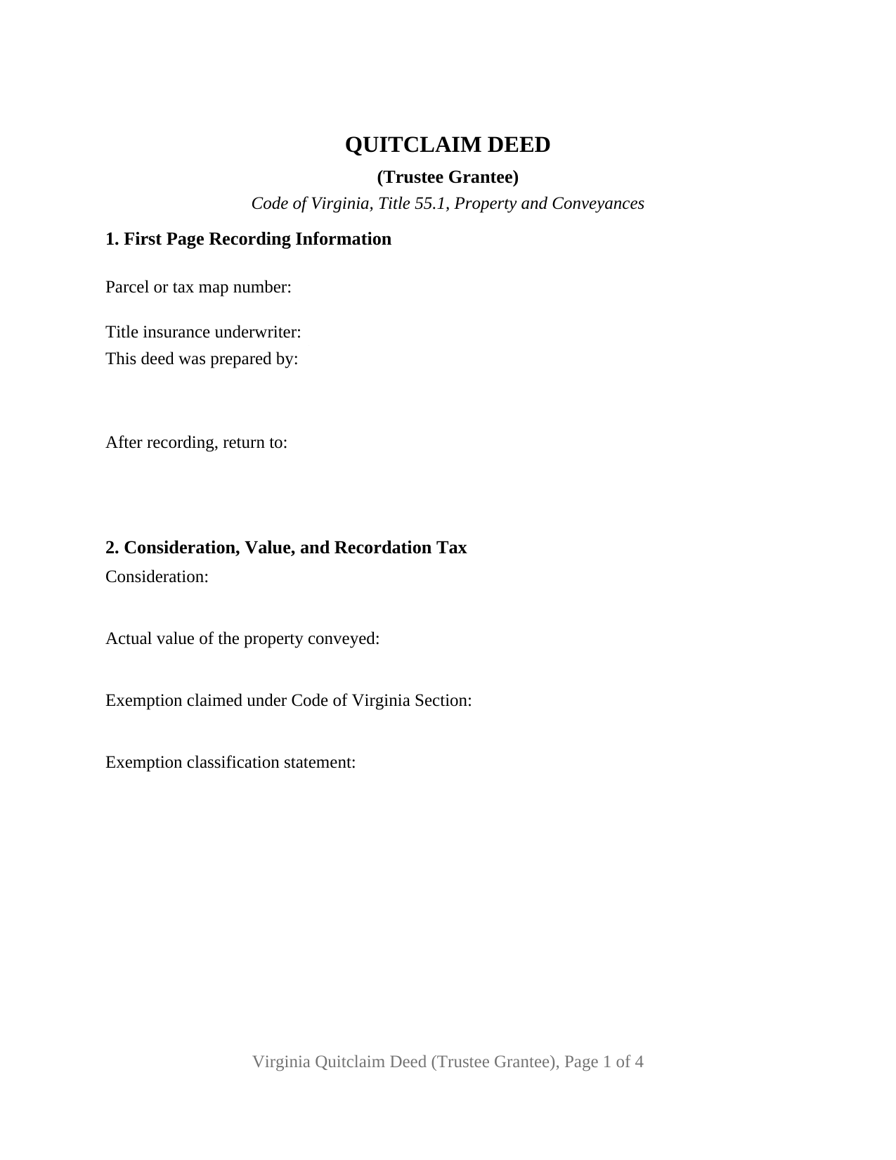 Virginia Quitclaim Deed (Trustee Grantee)