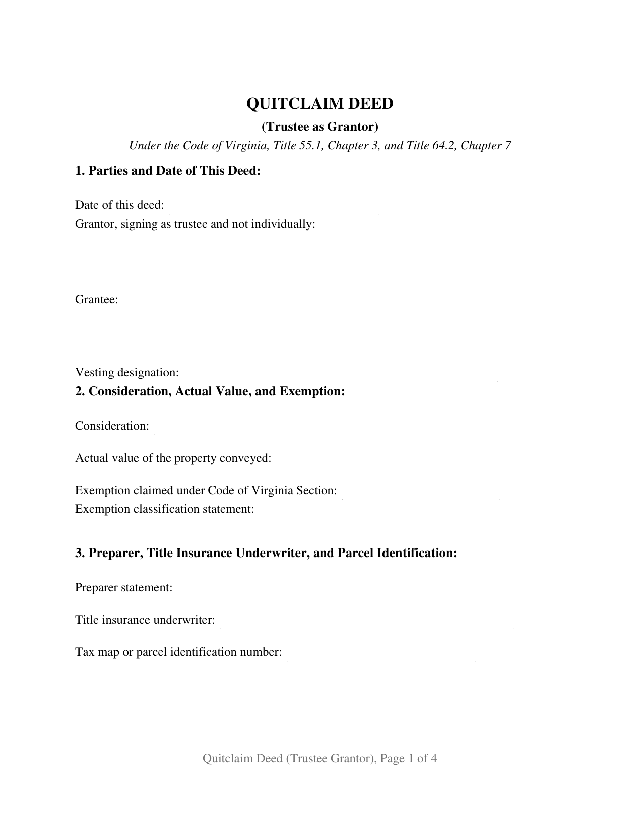 Virginia Quitclaim Deed (Trustee Grantor)