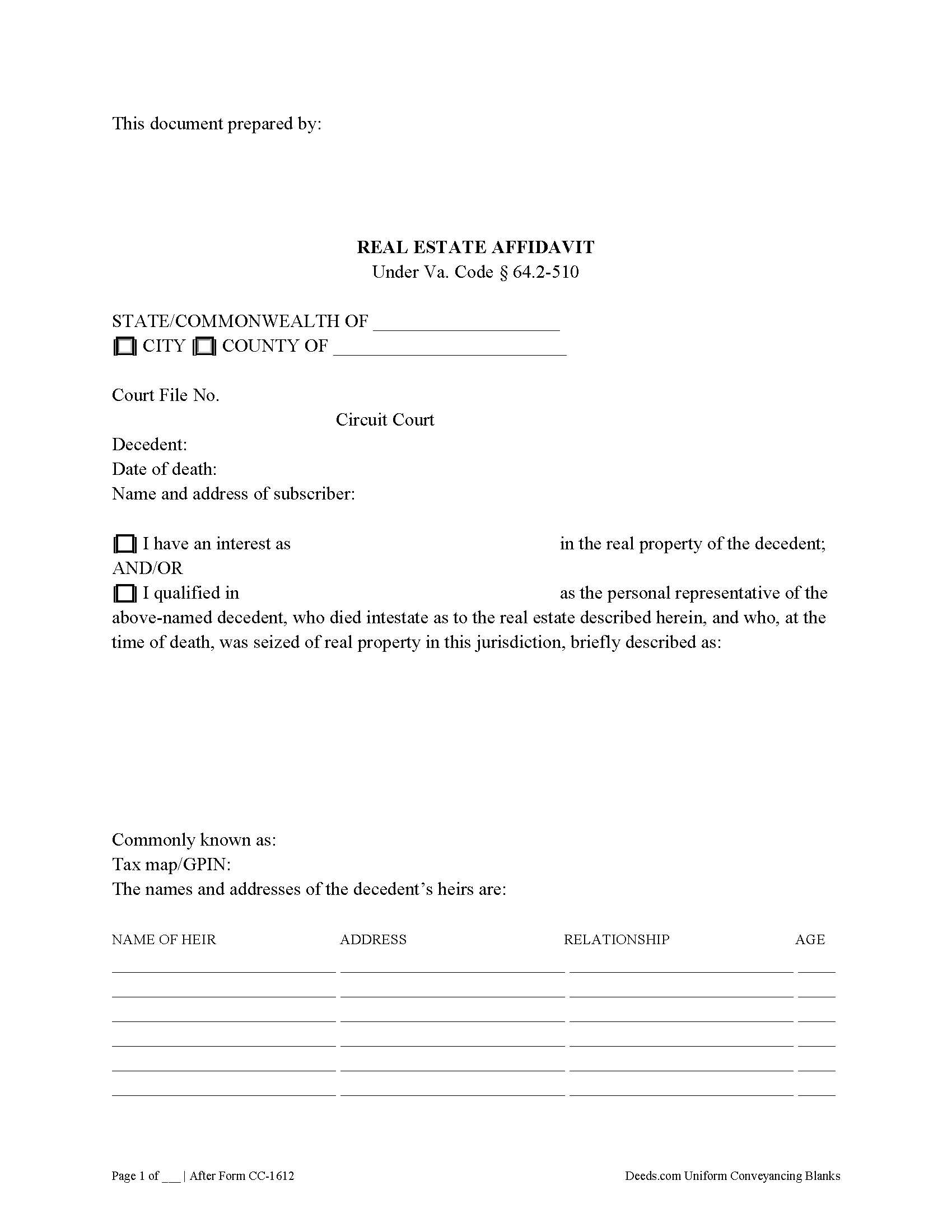 Virginia Real Estate Affidavit Image