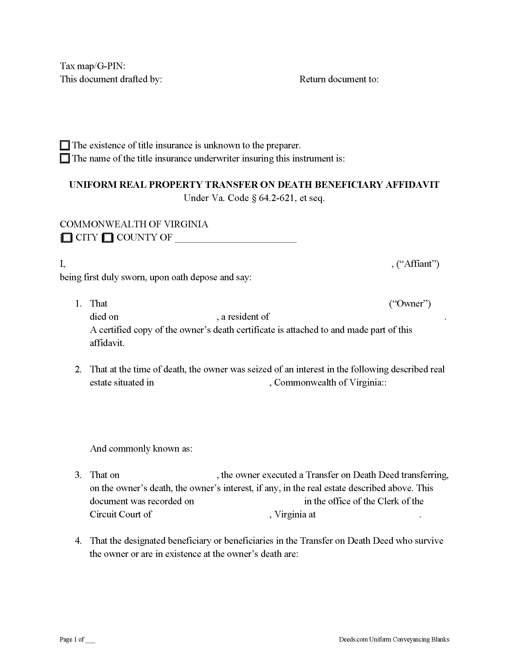 Virginia Transfer on Death Beneficiary Affidavit Image
