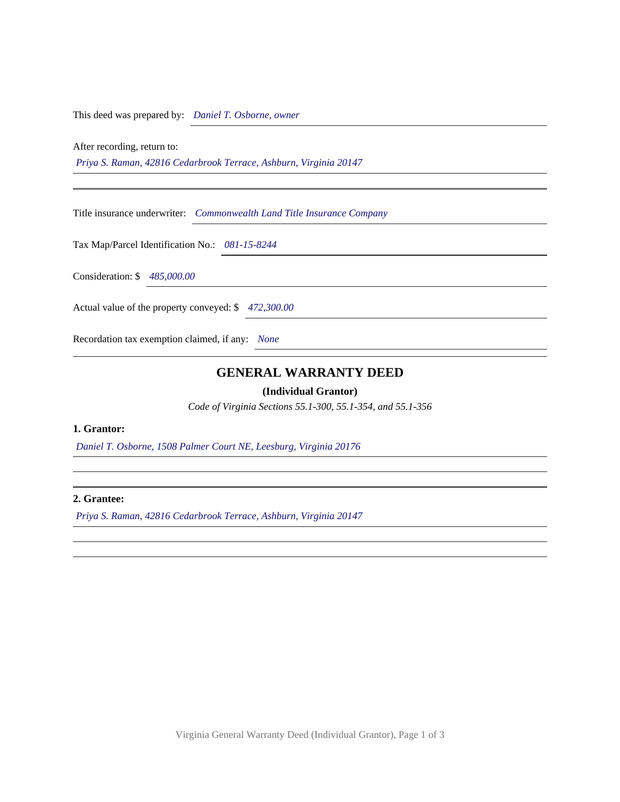 Roanoke County Completed Example of the Warranty Deed (Individual Grantor) Document