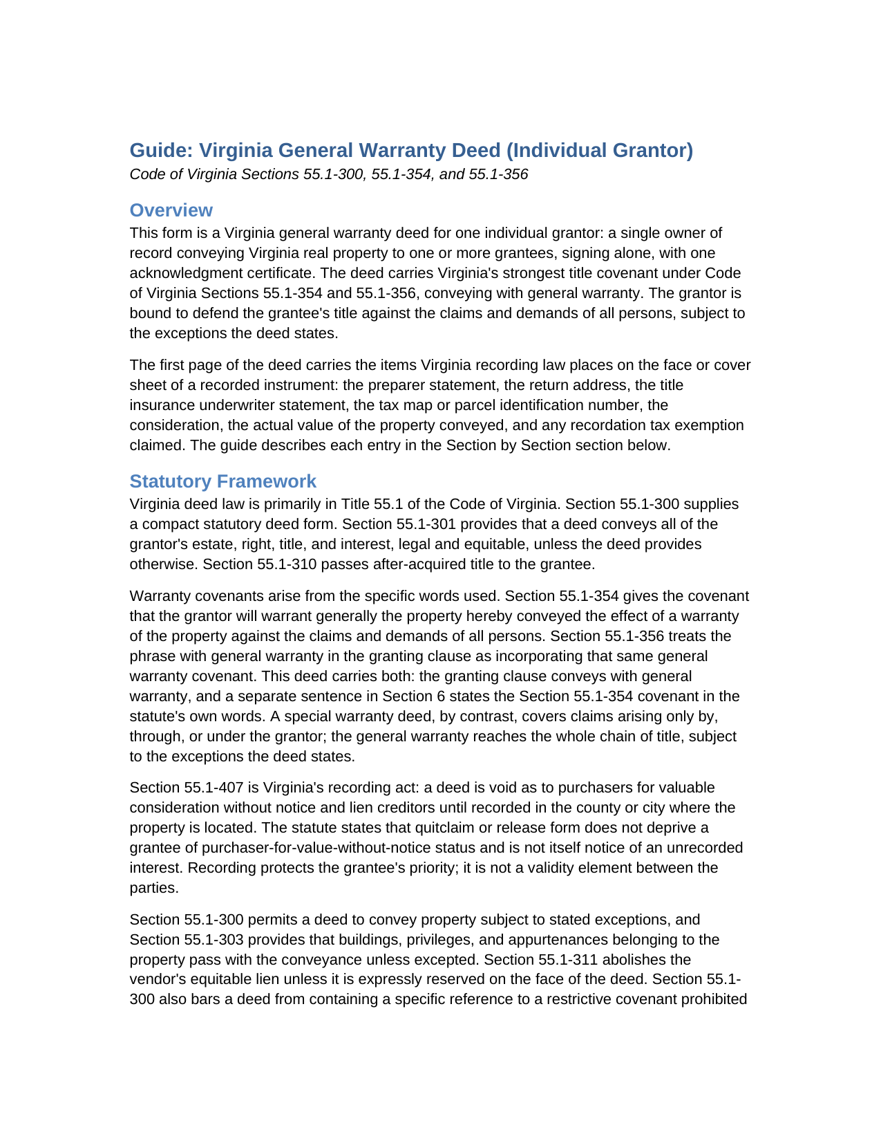 Roanoke County Warranty Deed (Individual Grantor) Guide