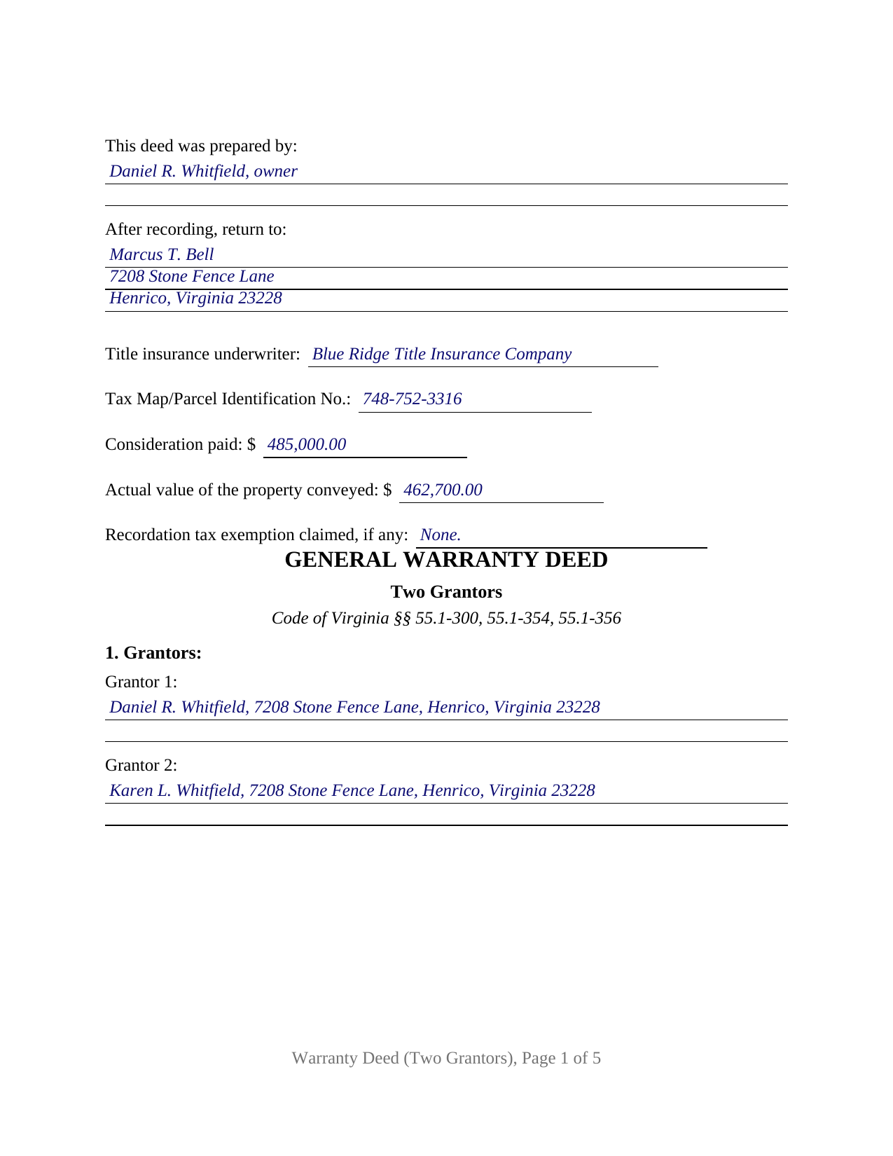 Culpeper County Completed Example of the Warranty Deed (Two Grantors) Document