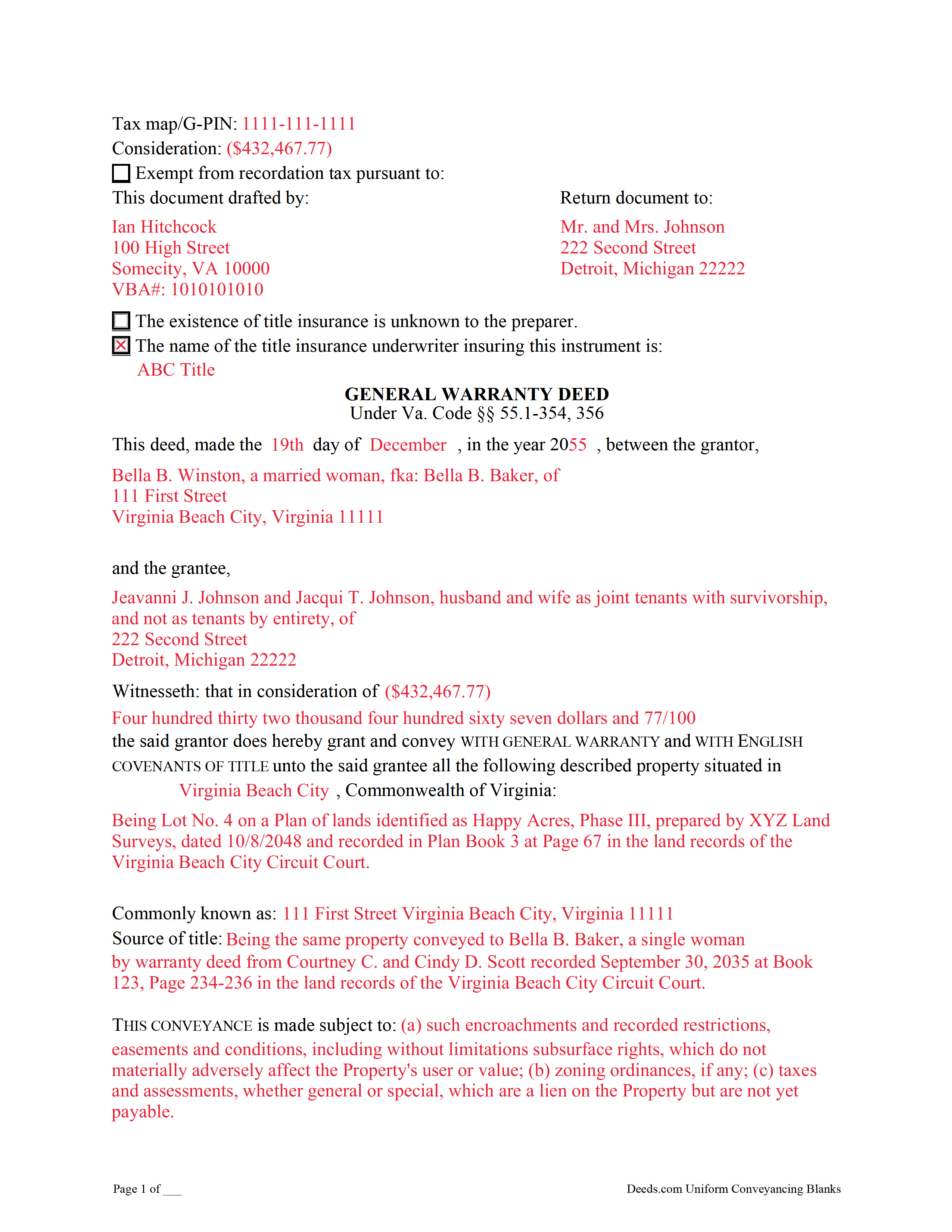 Completed Example of the Warranty Deed Document