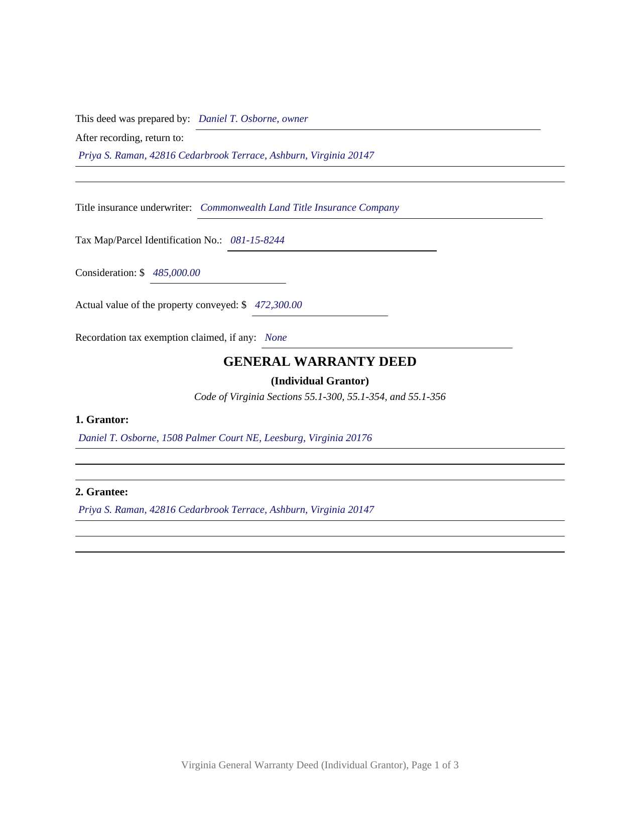 Grayson County Completed Example of the Warranty Deed Document