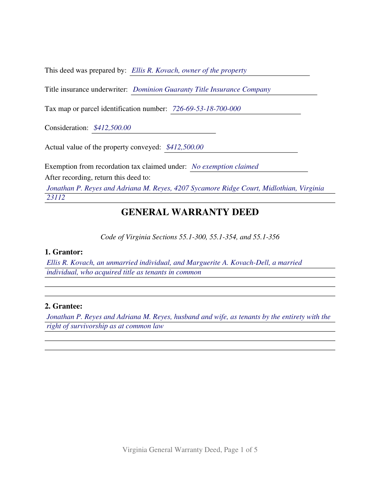 King George County Completed Example of the Warranty Deed Document