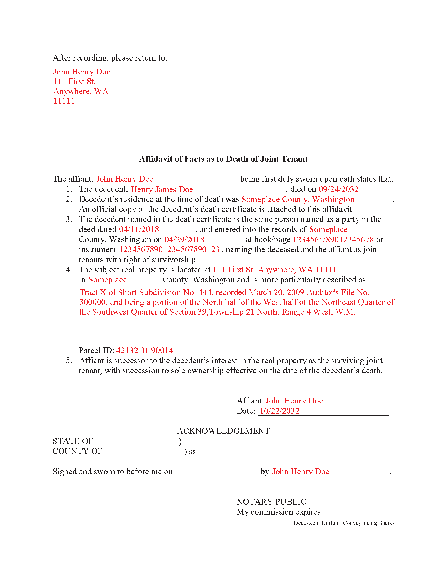 Completed Example of the Affidavit of Deceased Joint Tenant Document