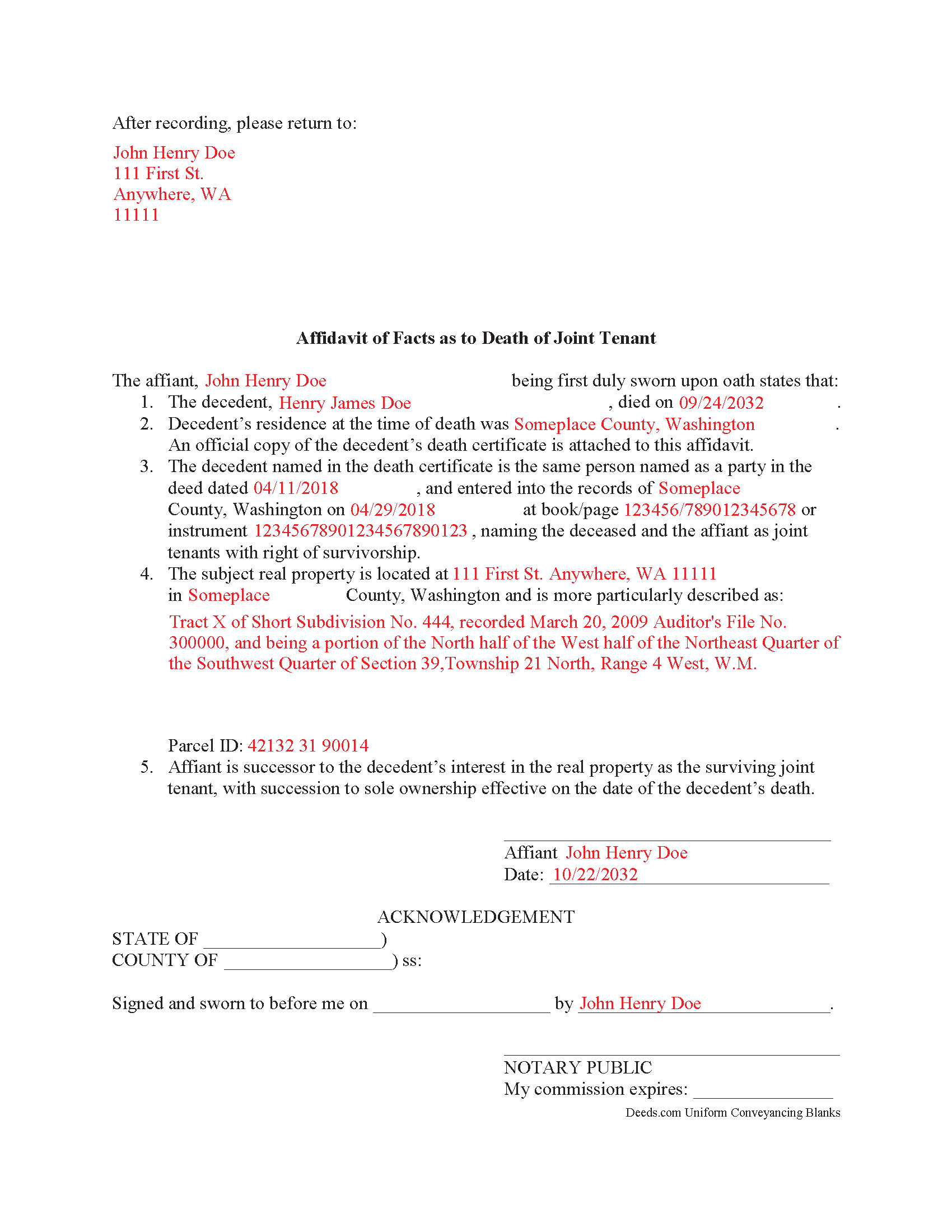 Grays Harbor County Completed Example of the Affidavit of Deceased Joint Tenant Document
