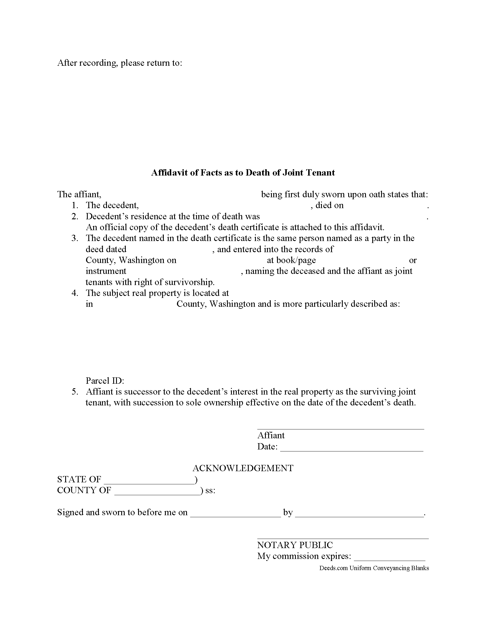 Grays Harbor County Affidavit of Deceased Joint Tenant Form