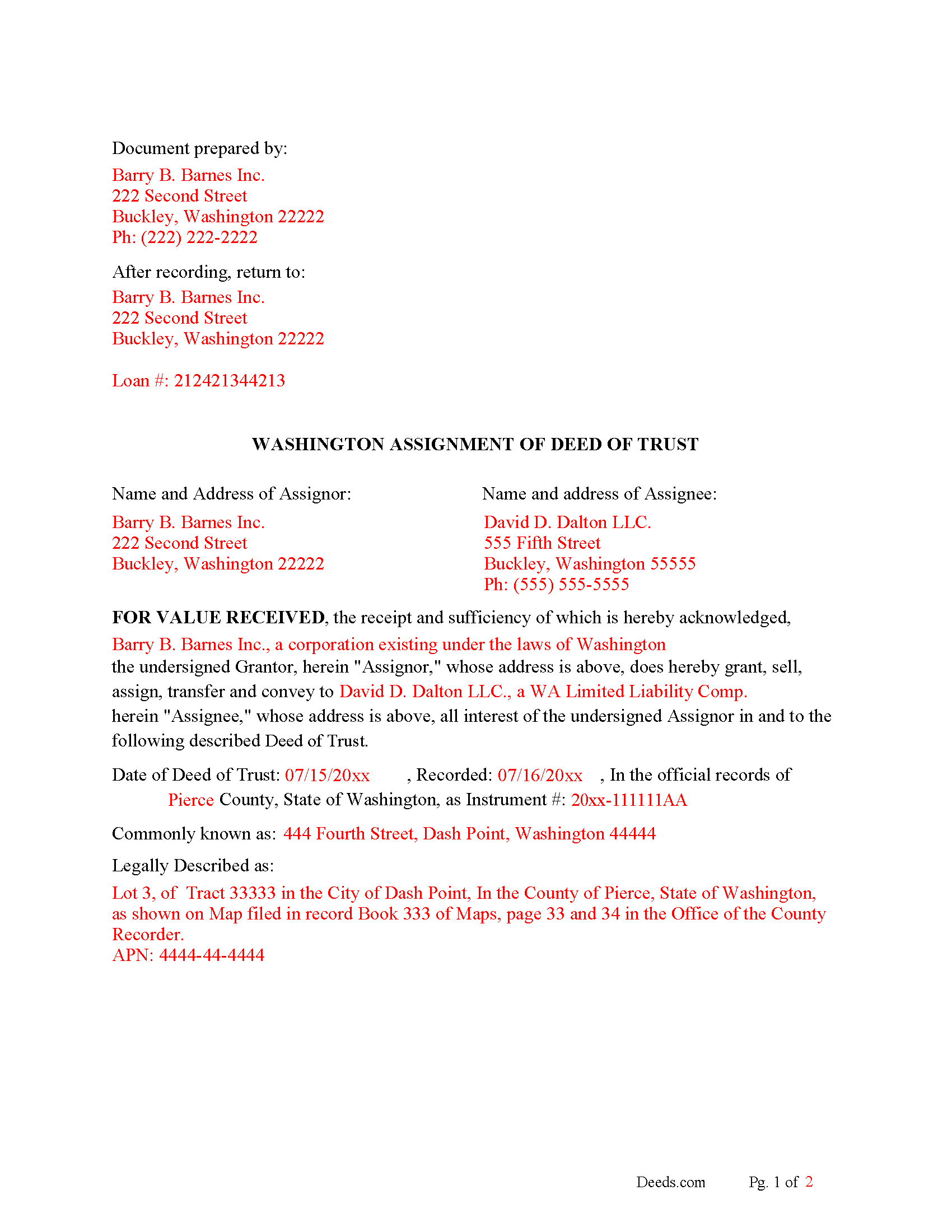 Completed Example of the Assigment of Deed of Trust Document