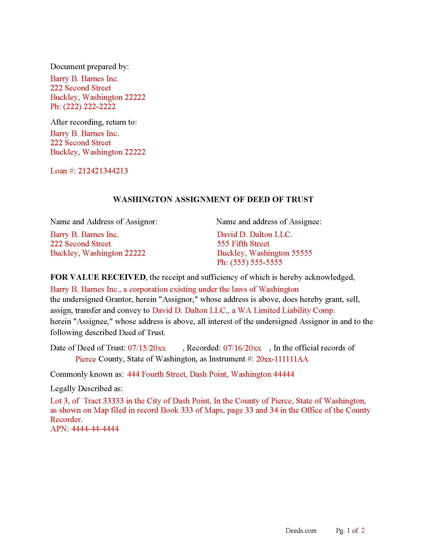 Clallam County Completed Example of the Assigment of Deed of Trust Document