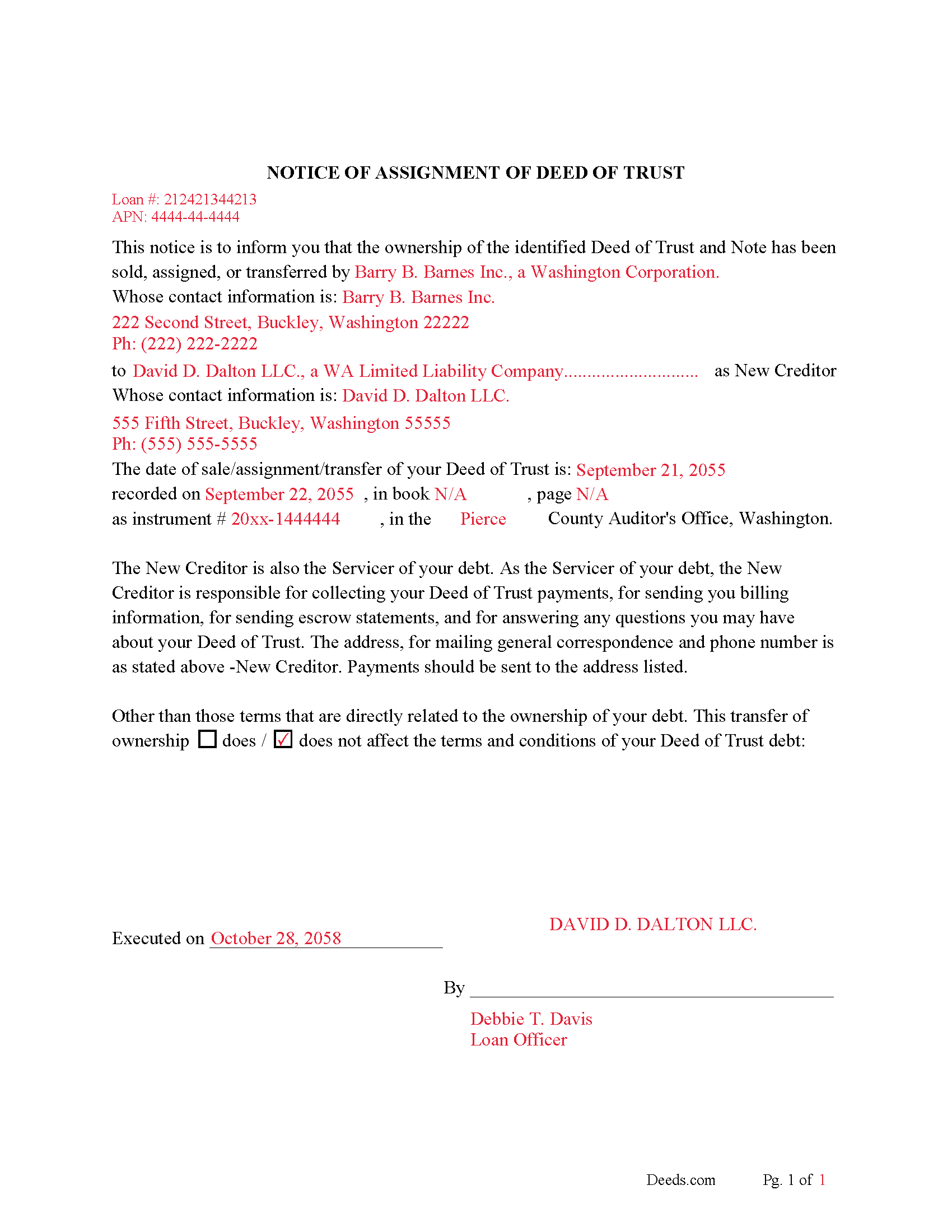 Clallam County Completed Example of Notice of Assignment Document