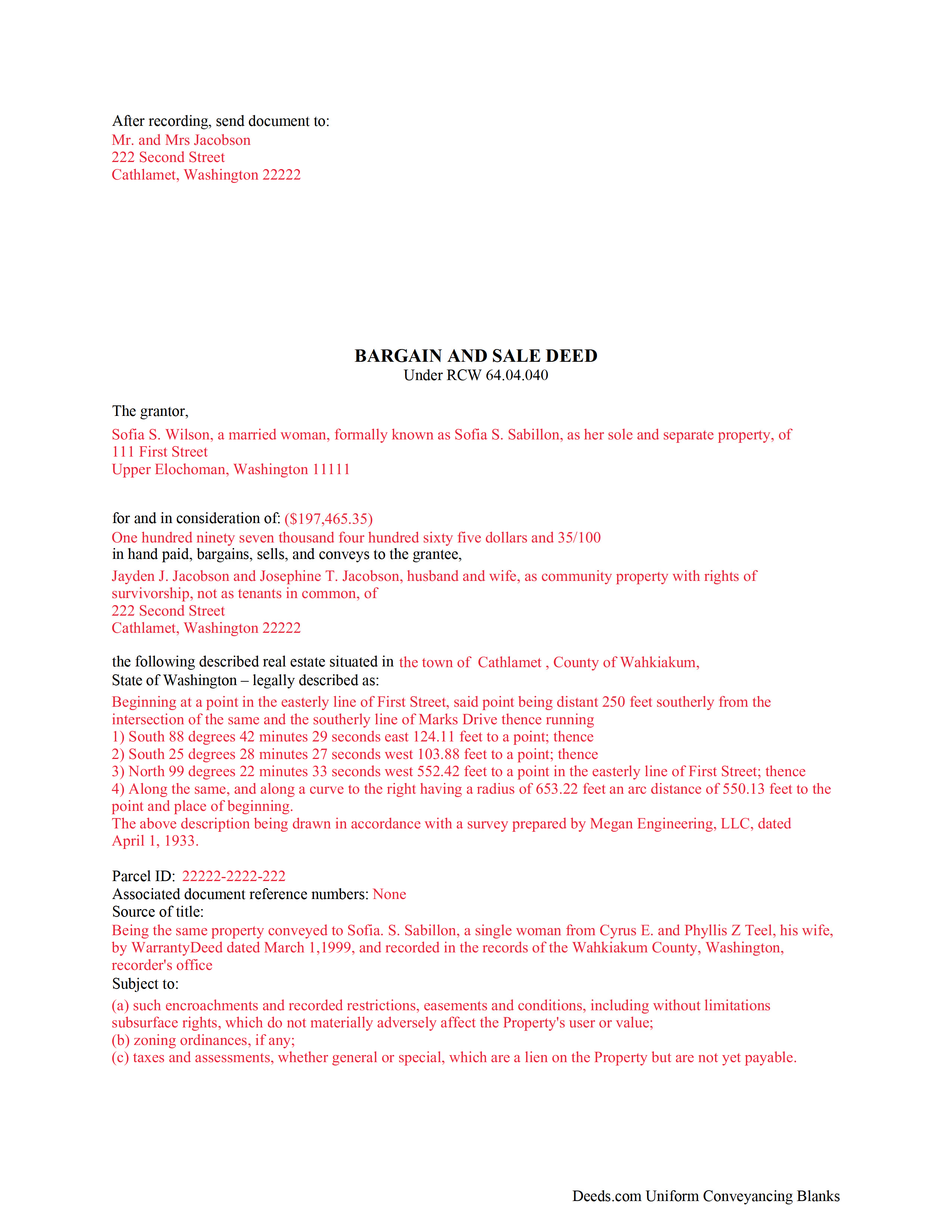 Benton County Completed Example of the Bargain and Sale Deed Document