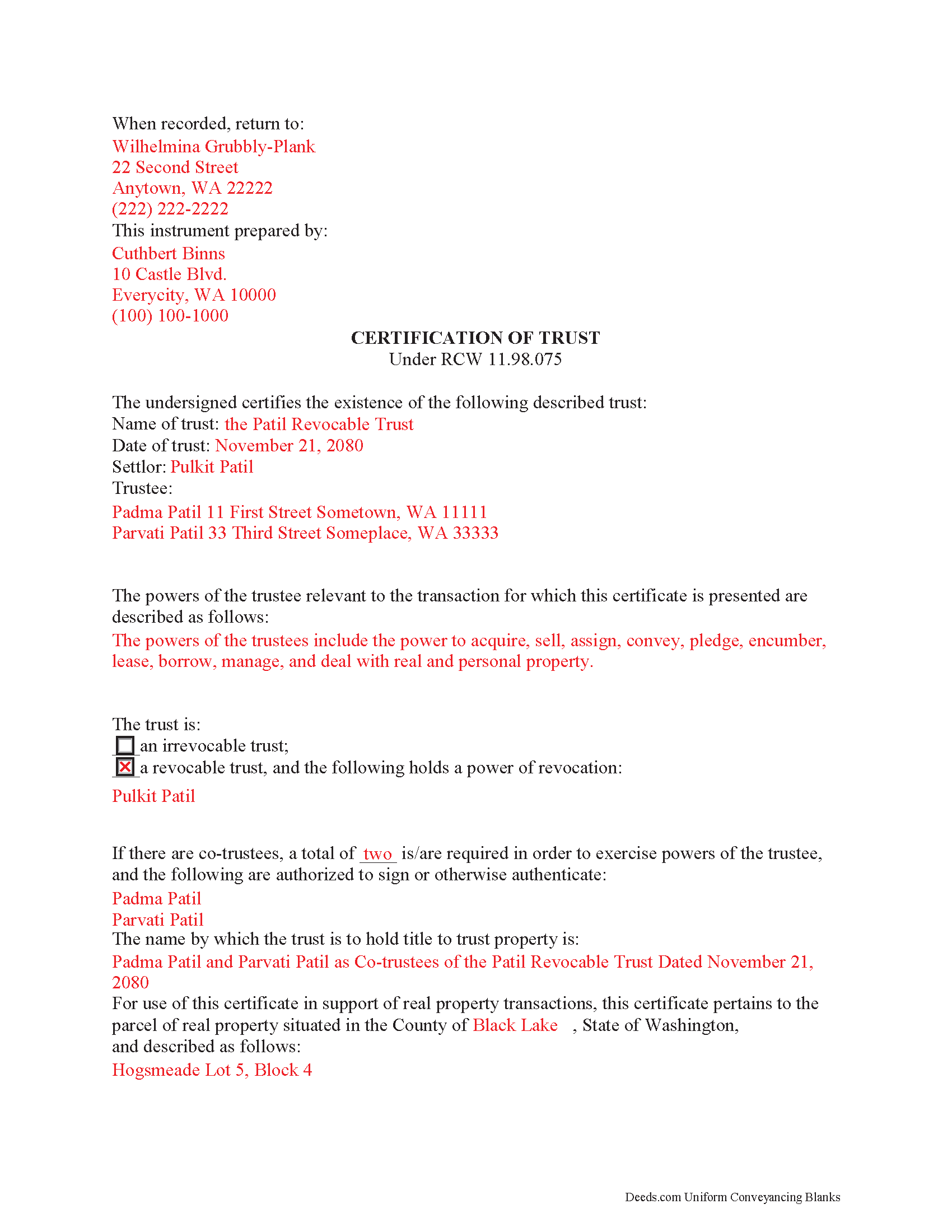 Benton County Completed Example of the Certificate of Trust Document