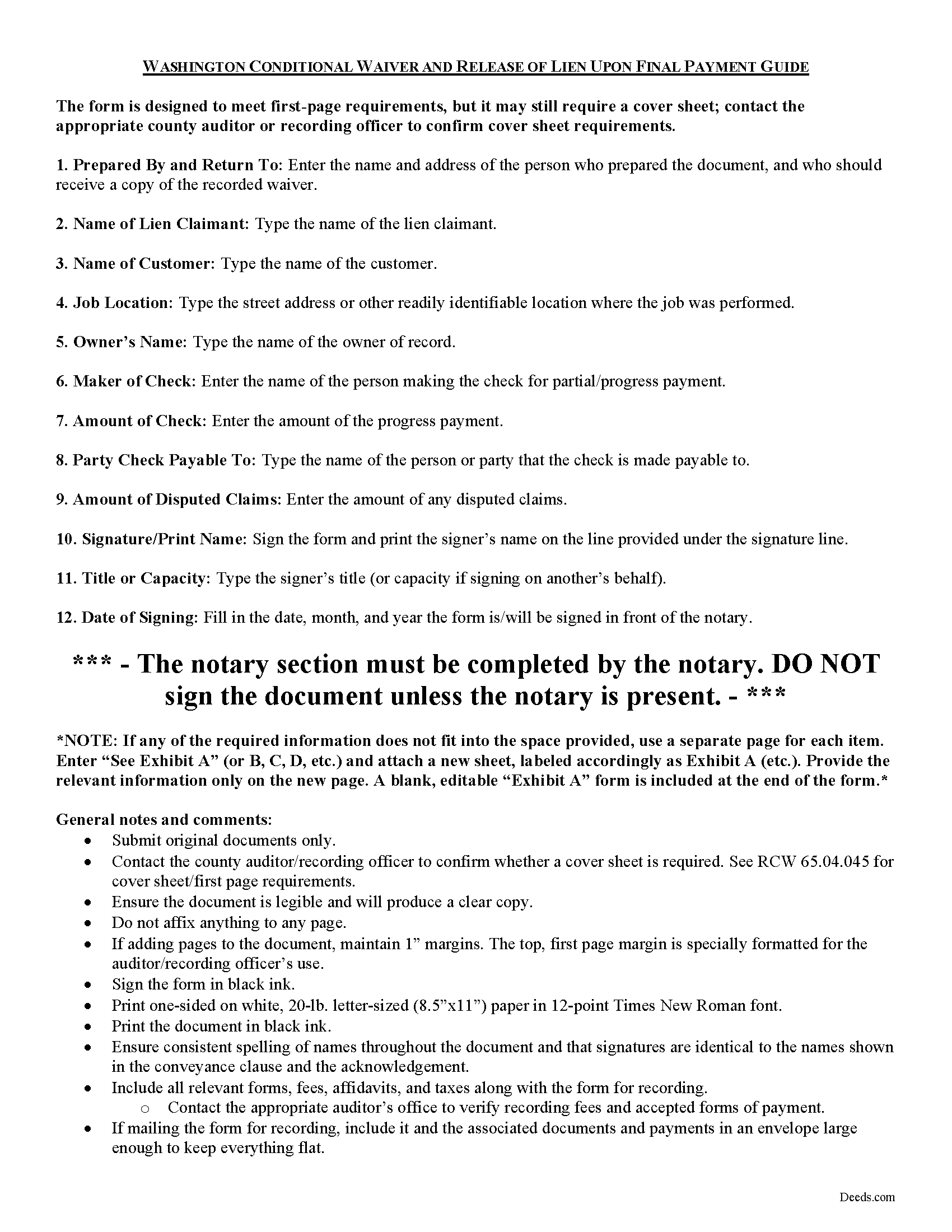 Kittitas County Conditional Waiver and Release of Claim upon Final Payment Guide