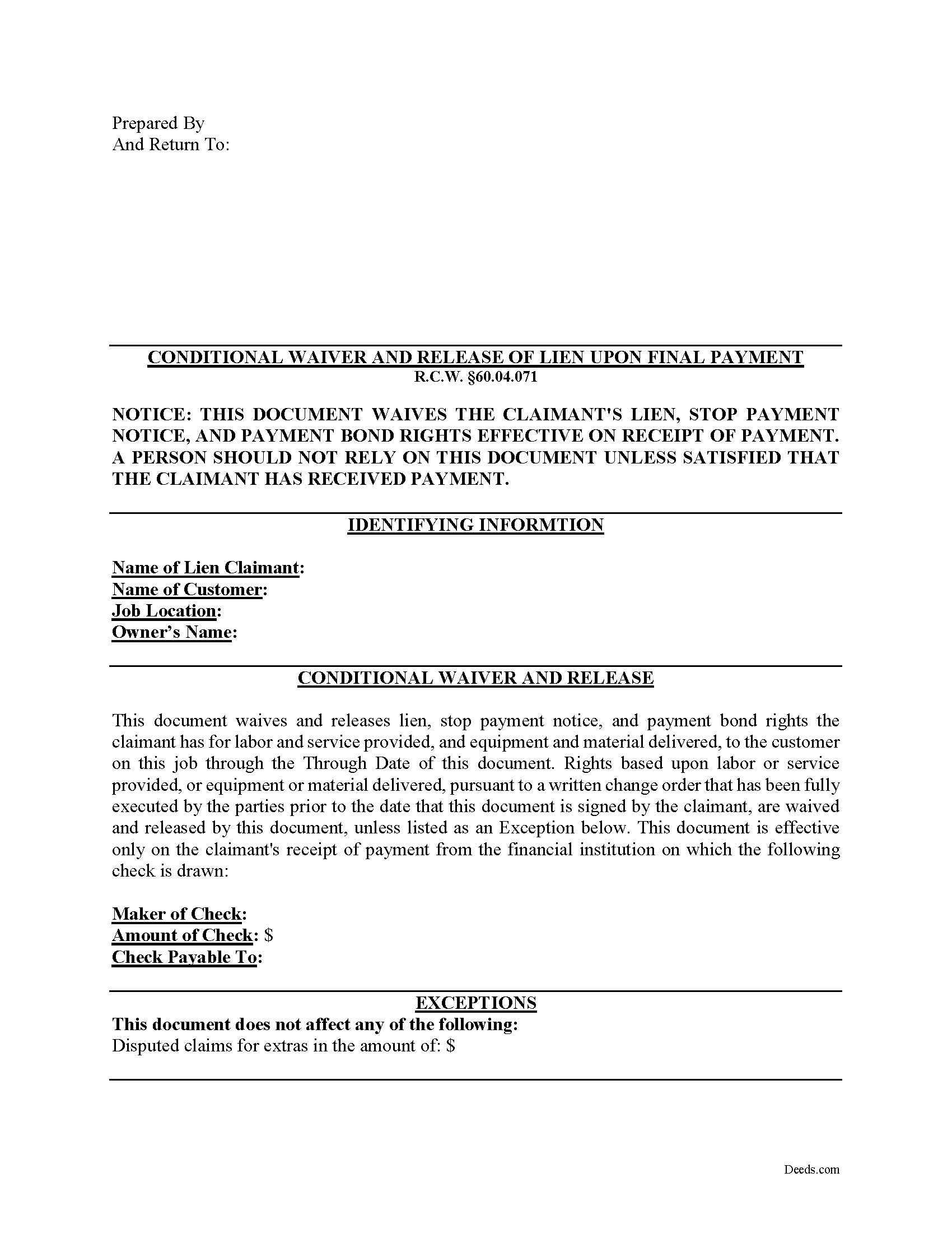 Kittitas County Conditional Waiver and Release of Claim upon Final Payment Form