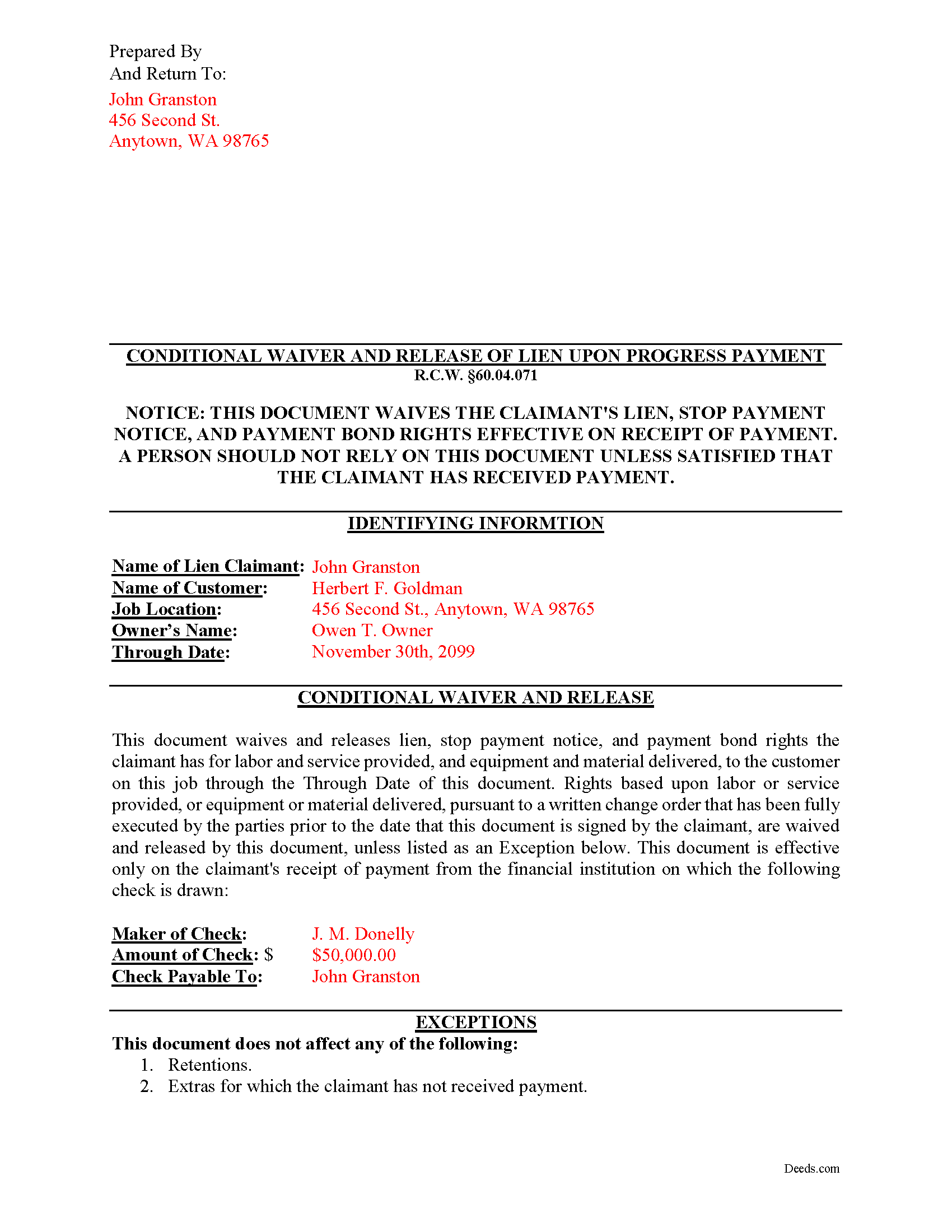 Thurston County Completed Example of the Conditional Waiver and Release of Claim upon Progess Payment Document