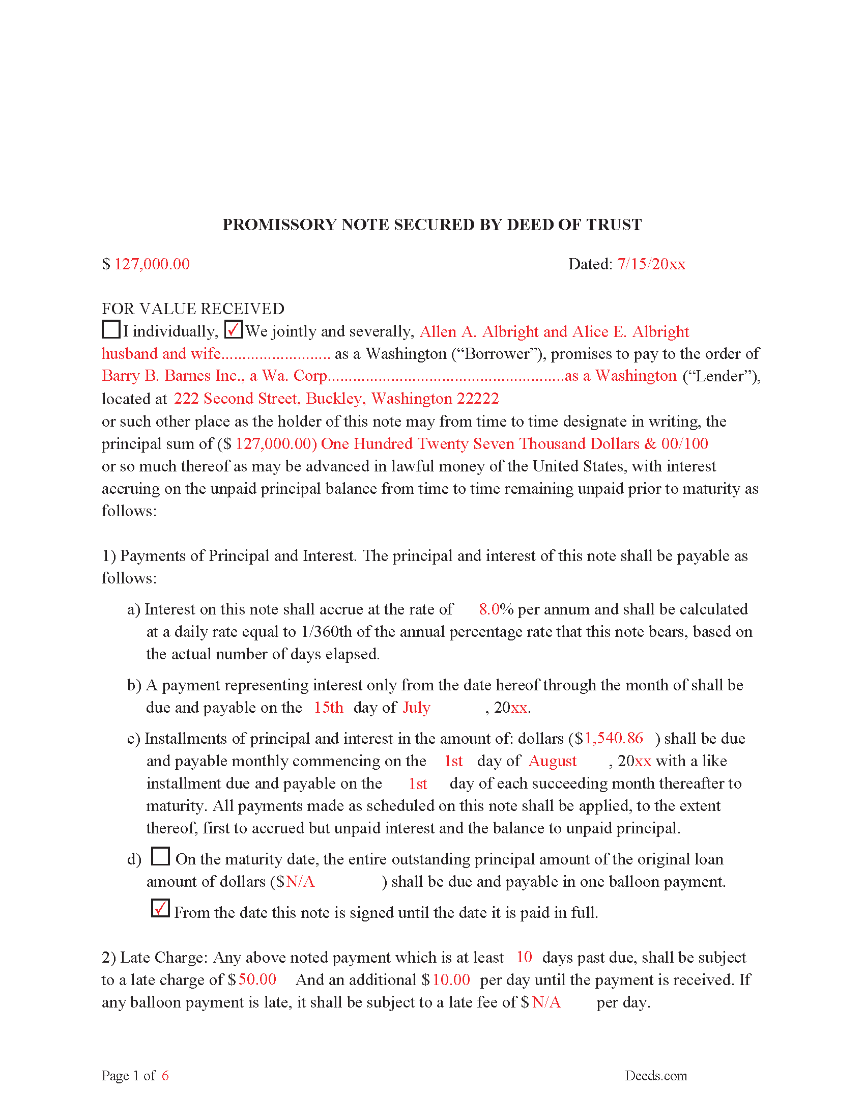 Benton County Completed Example of the Promissory Note Document