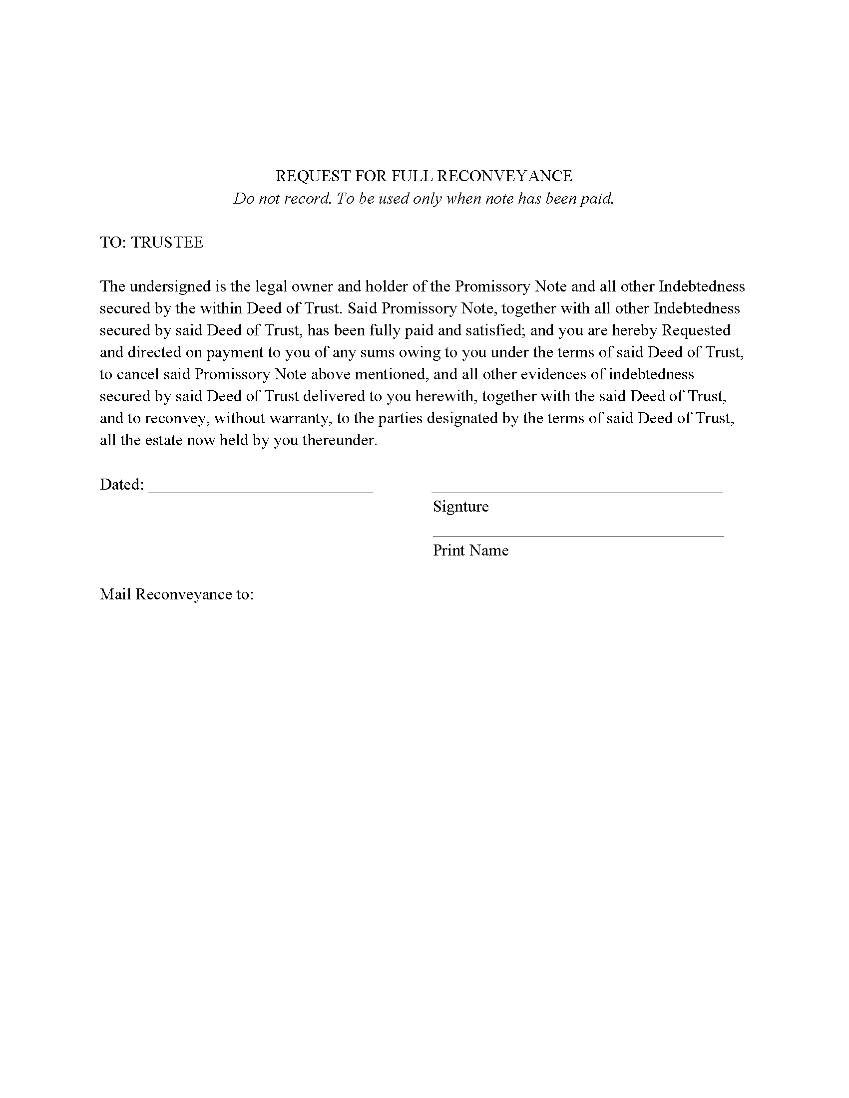 Benton County Request for Reconveyance Form