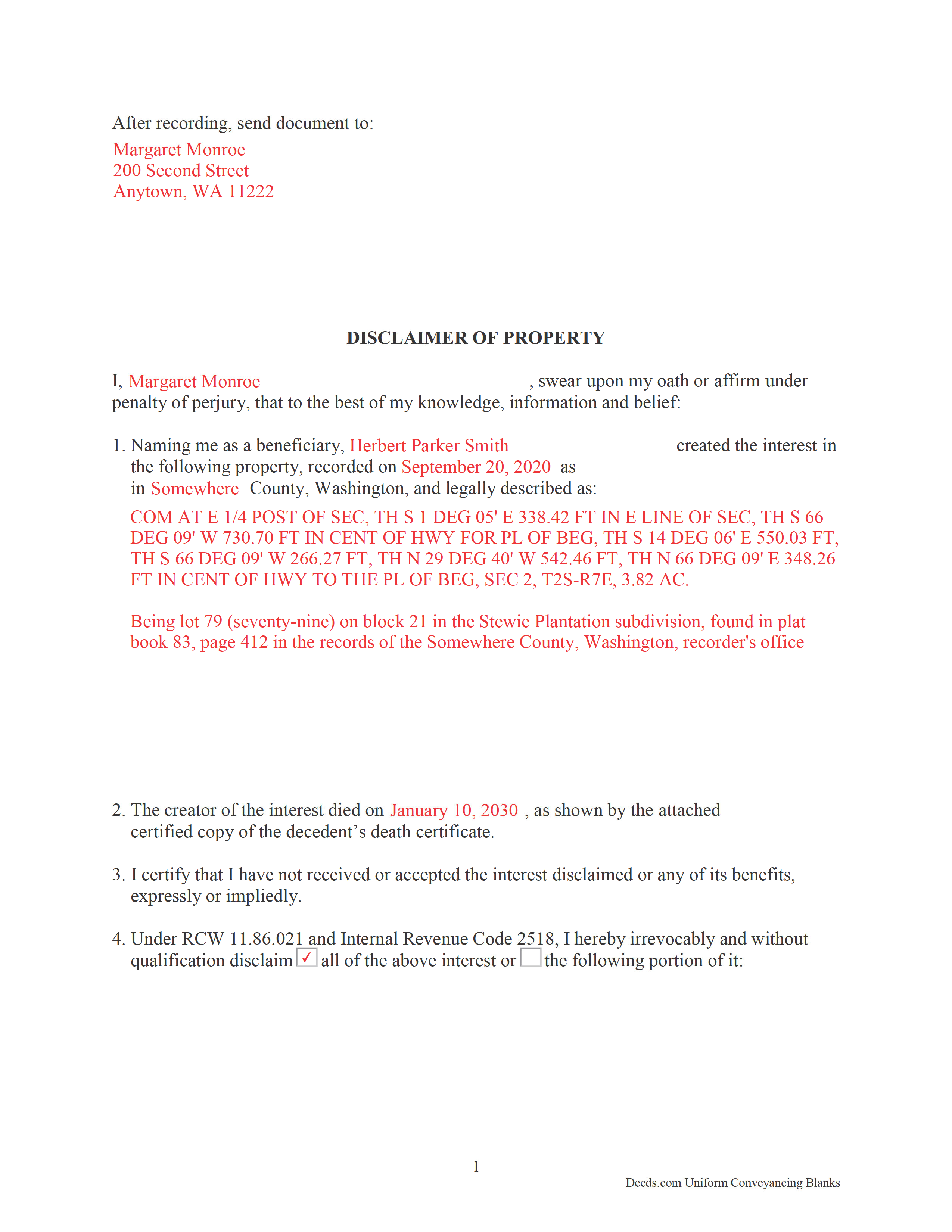 Completed Example of the Disclaimer of Interest Document