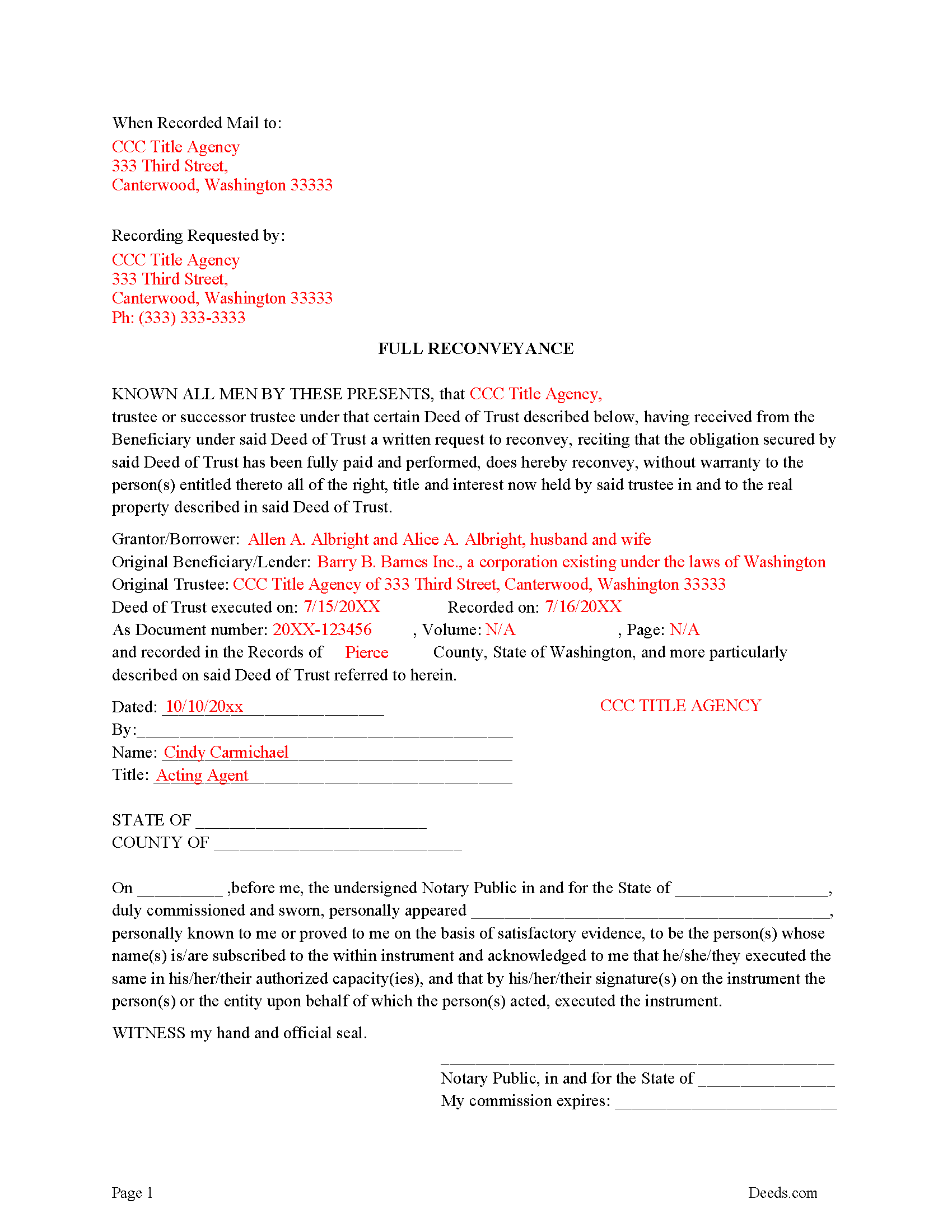 Benton County Completed Example of the Full Reconveyance Form