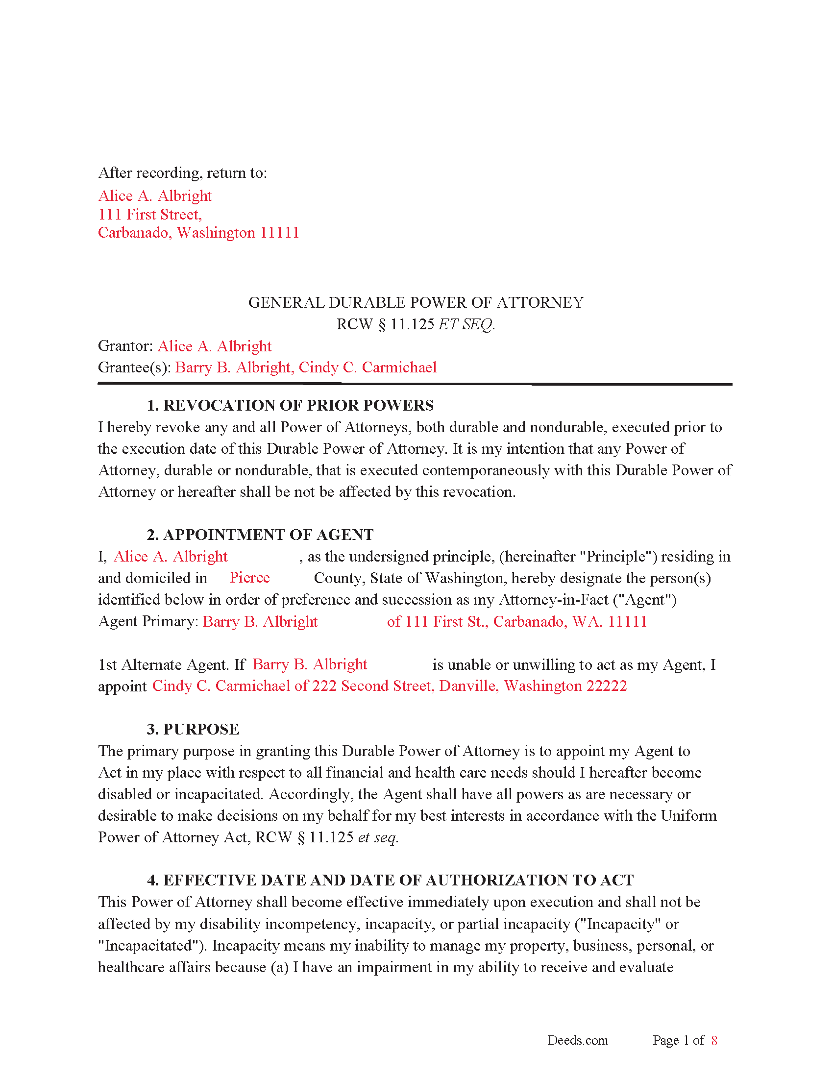 Cowlitz County Completed Example of the Power of Attorney Document