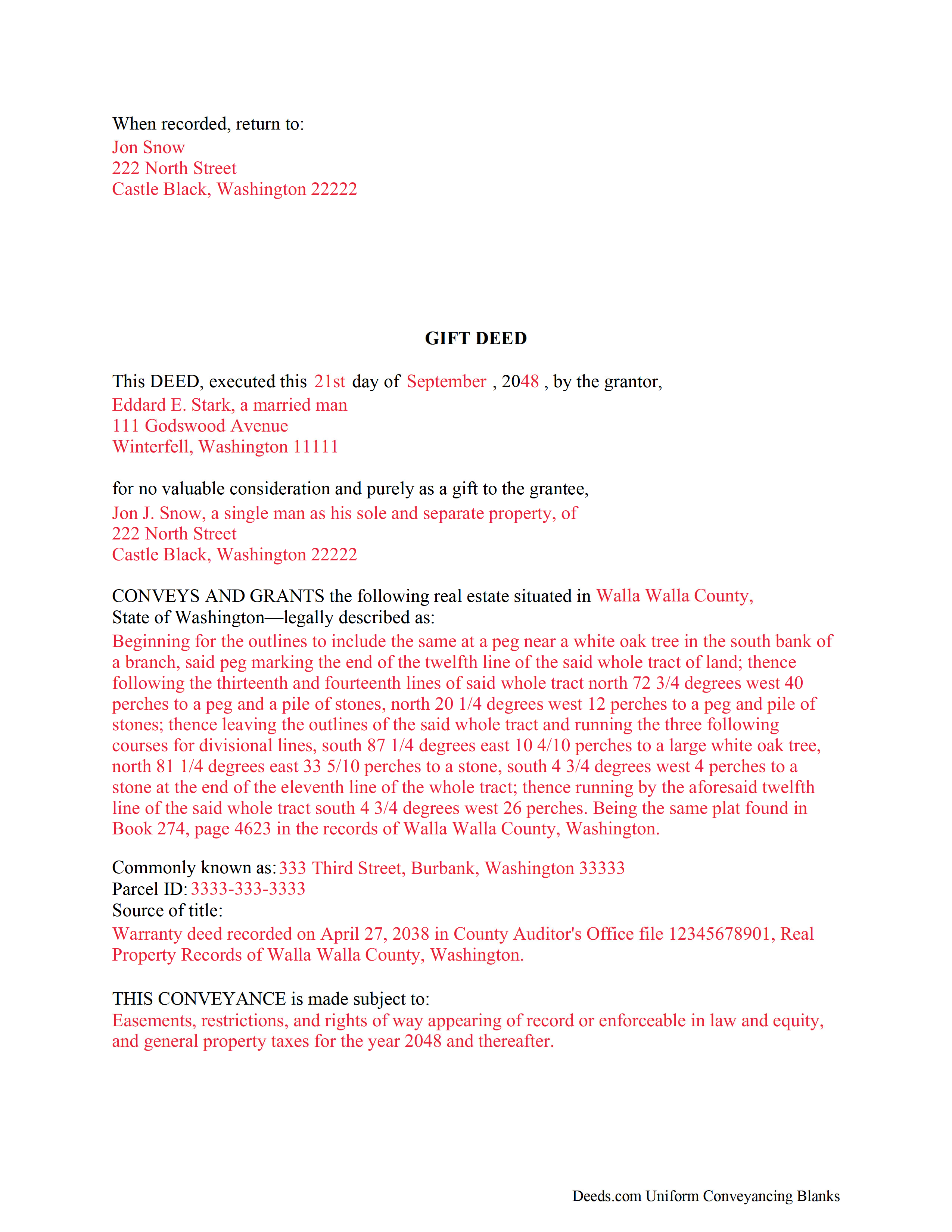 Grays Harbor County Completed Example of the Gift Deed Document