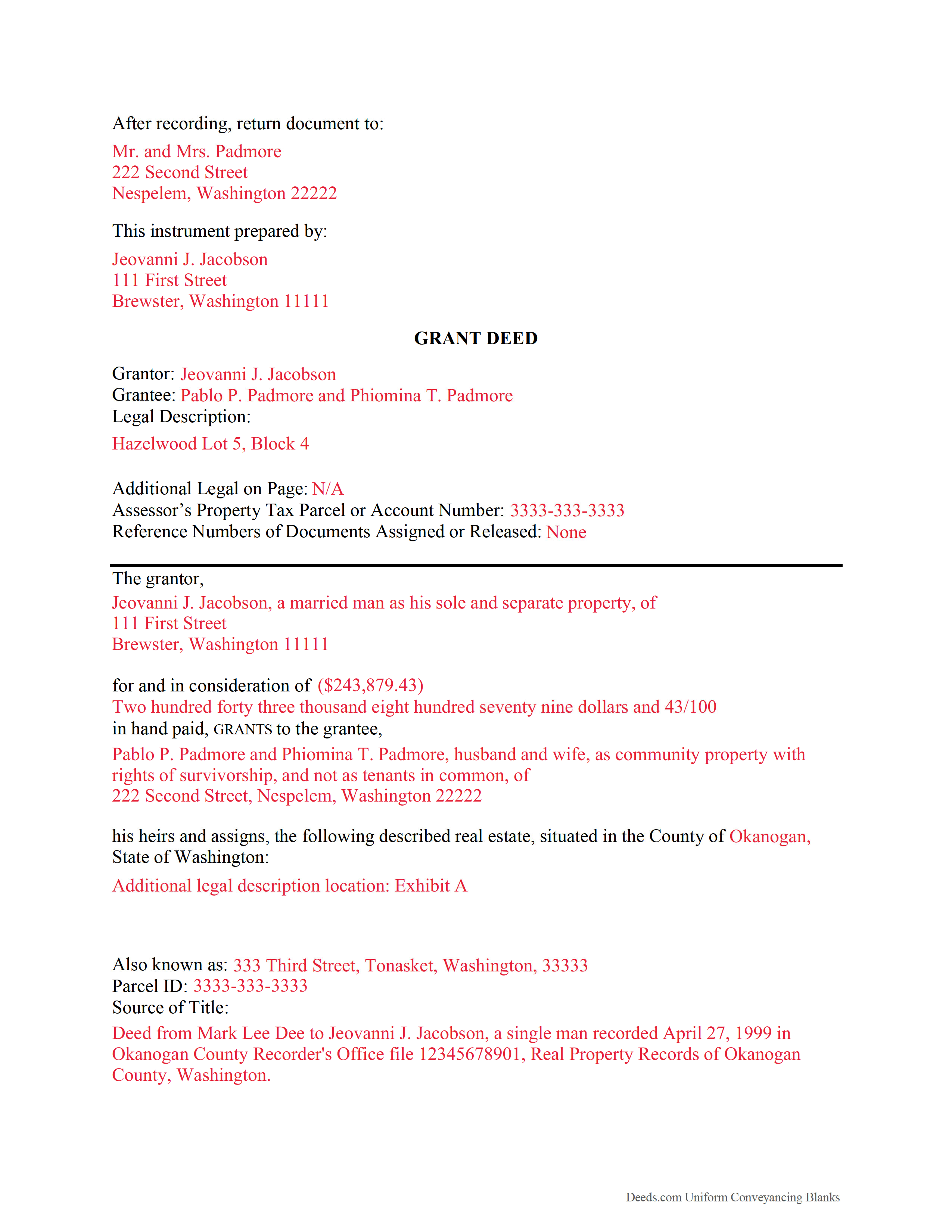 Grays Harbor County Completed Example of the Grant Deed Document