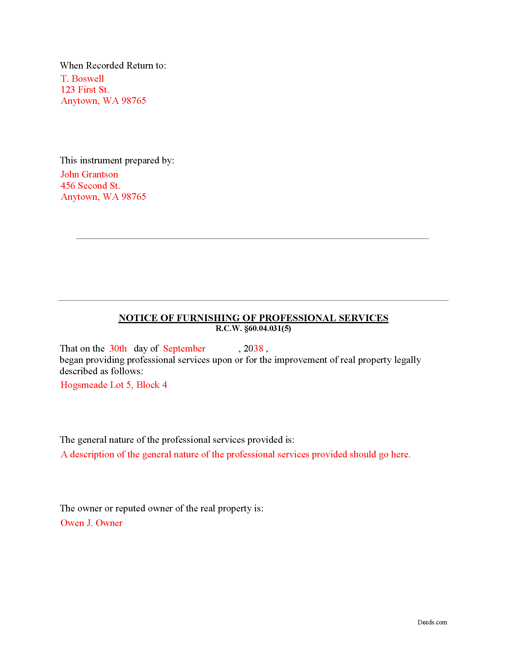 Benton County Completed Example of the Notice of Furnishing Document