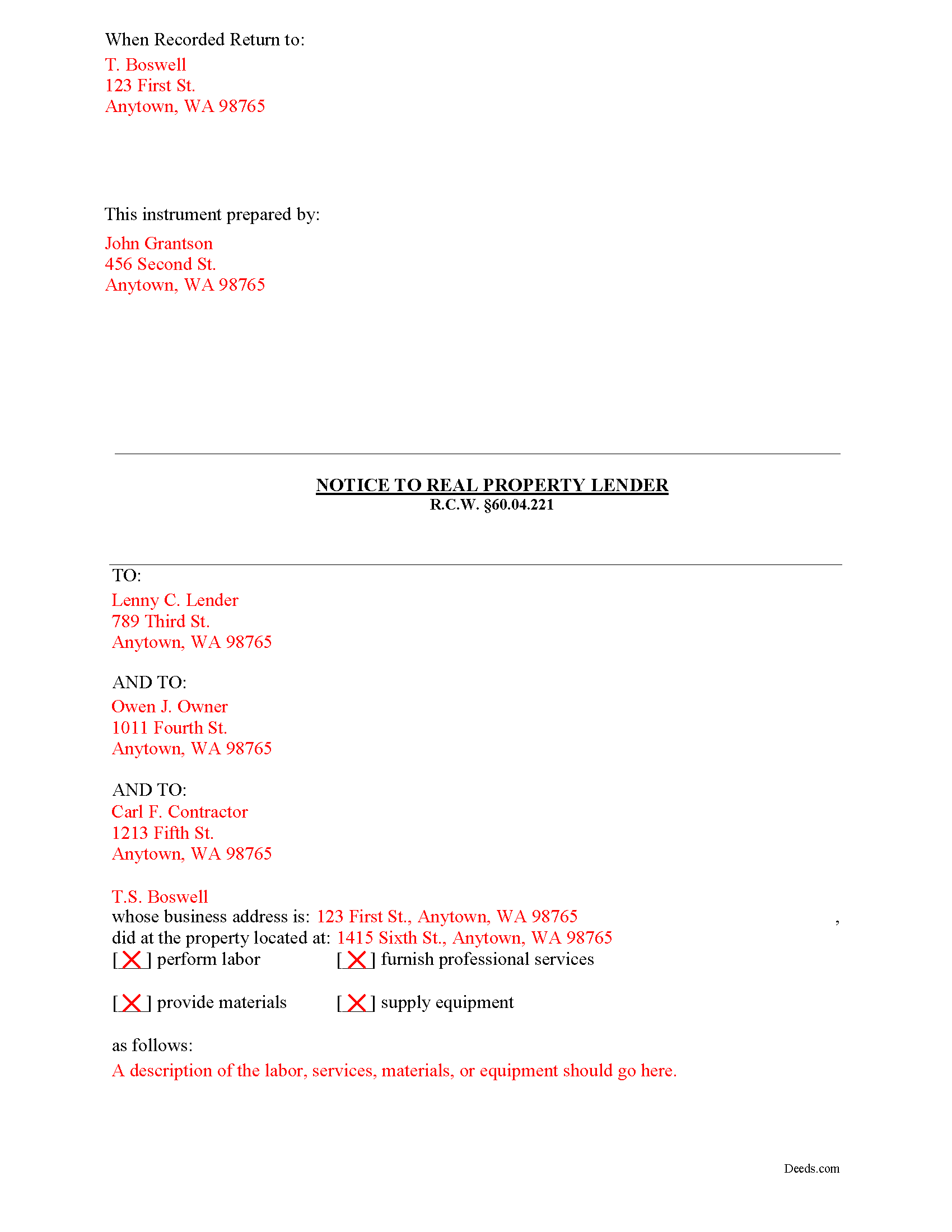 Completed Example of the Notice to Construction Lender Document