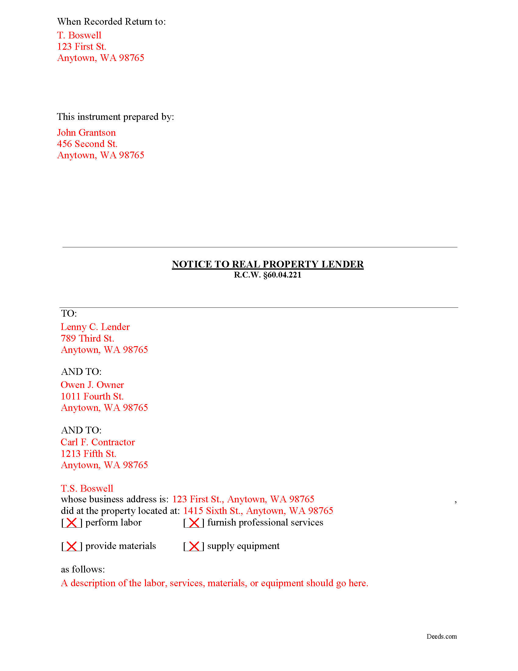 Cowlitz County Completed Example of the Notice to Construction Lender Document