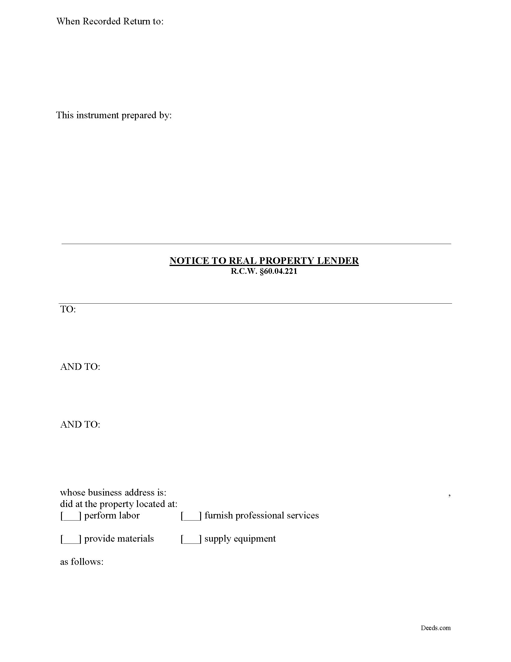 Mechanics Lien Notice to Construction Lender Form