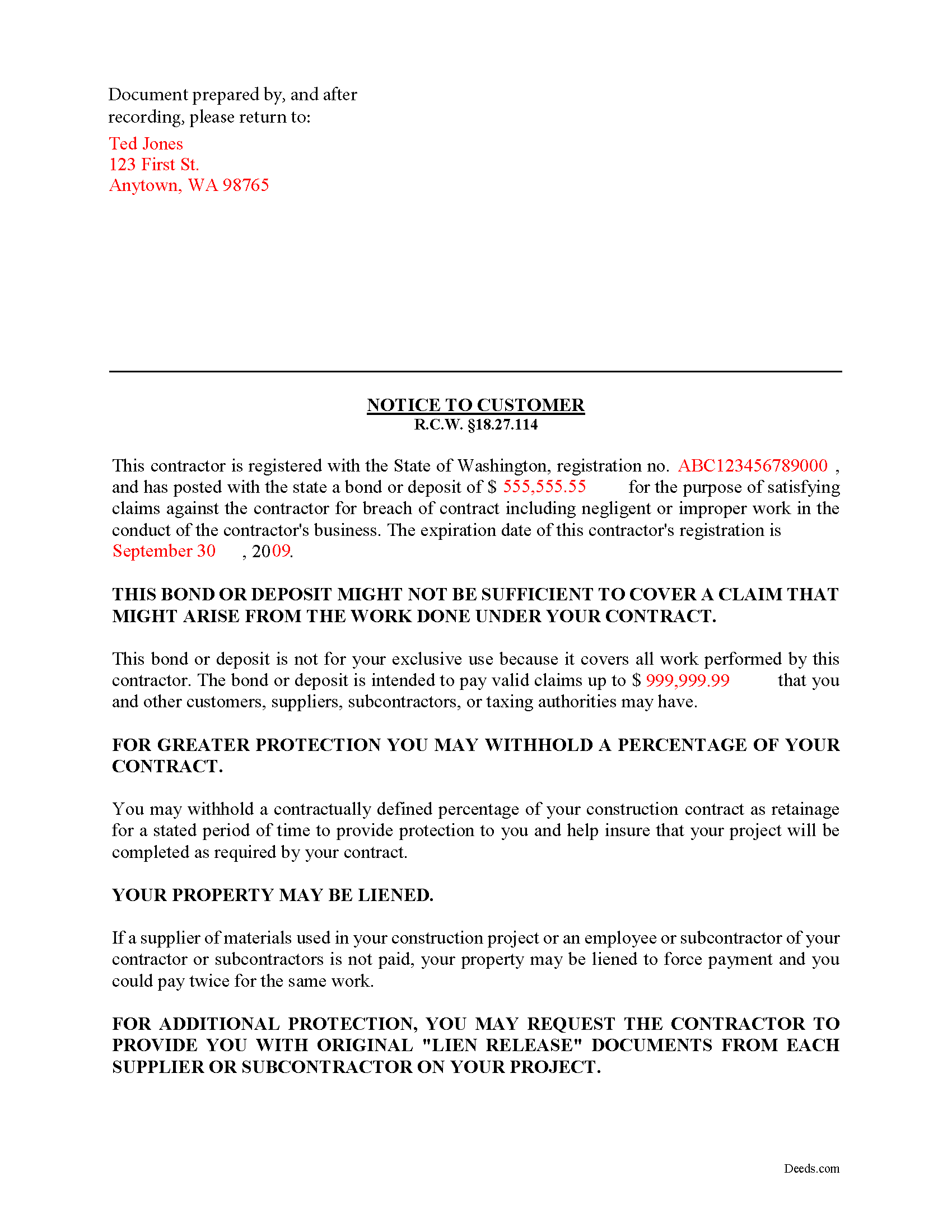 Cowlitz County Completed Example of the Notice to Customer Document