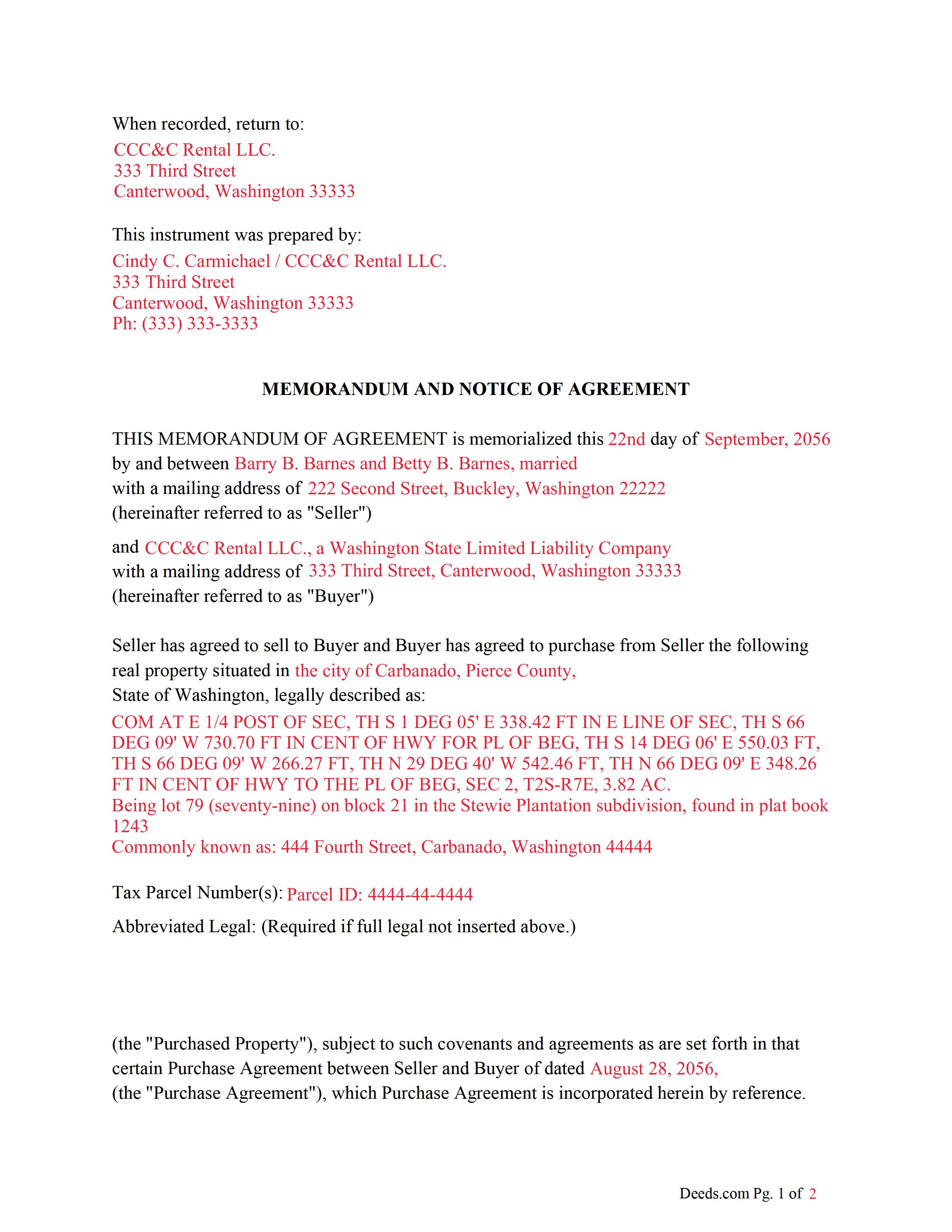 Completed Example of the Memorandum and Notice of Agreement Document