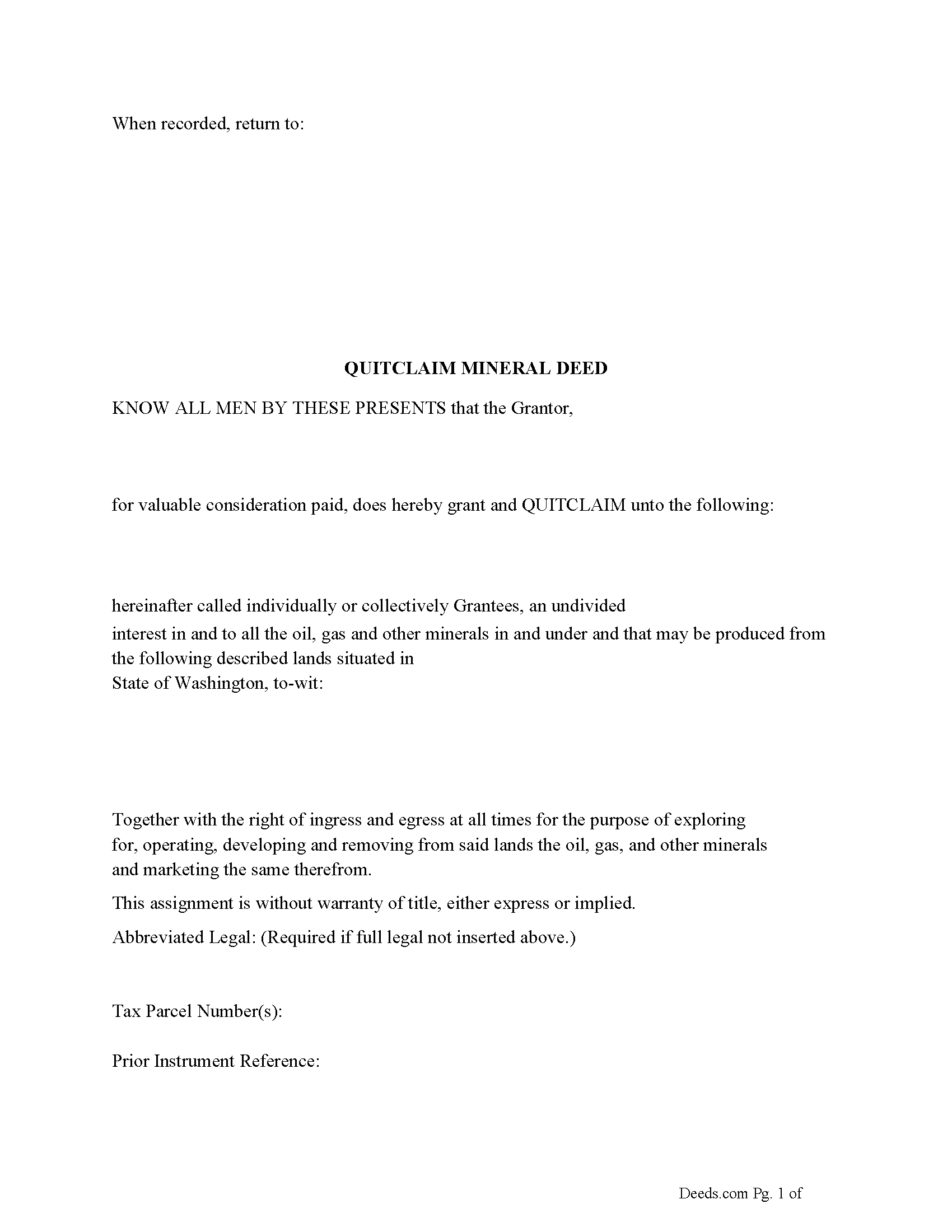 Benton County Mineral Deed with Quitclaim Covenants Form