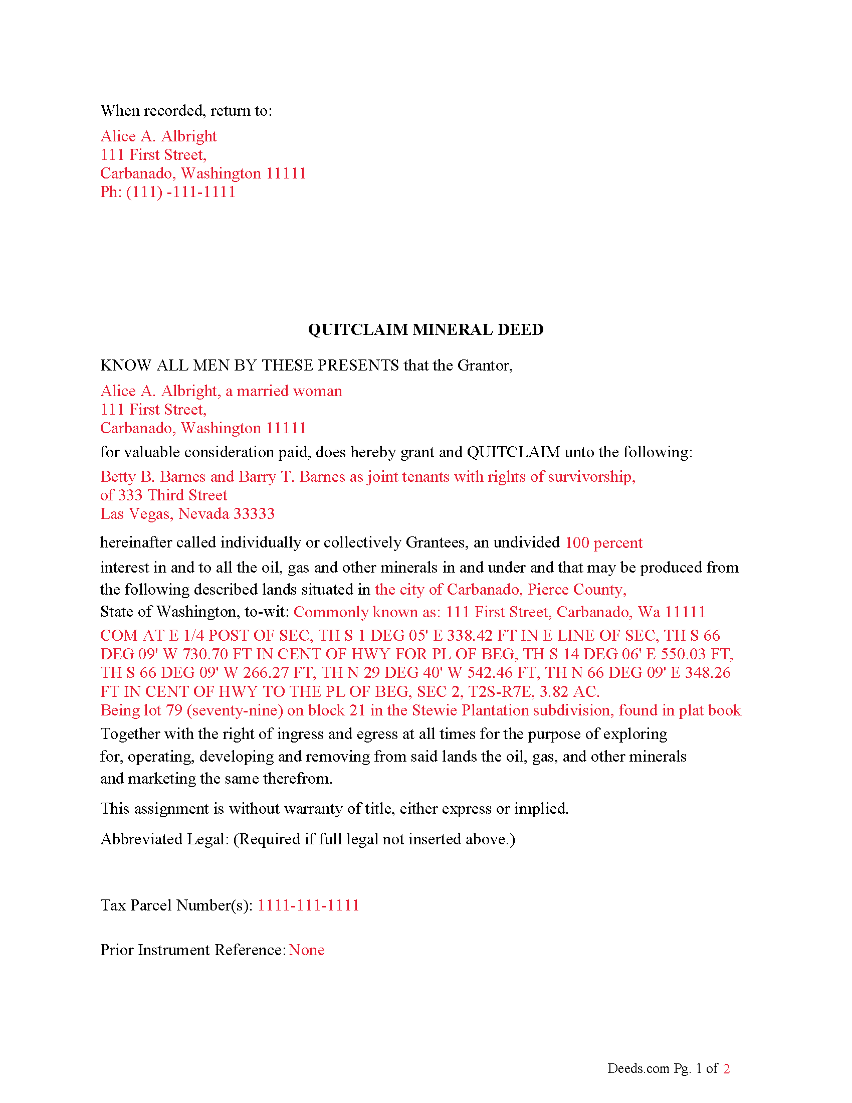 Benton County Completed Example of the Mineral Deed with Quitclaim Covenants Document